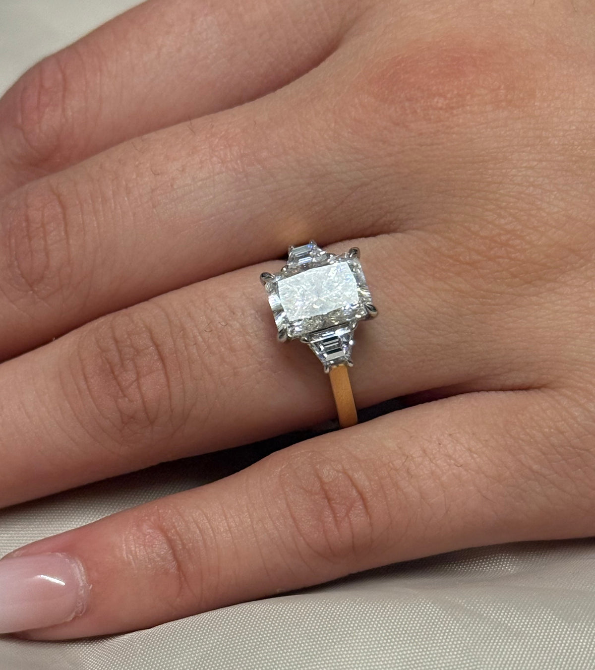 18K Yellow Gold 3.69ct Laboratory Grown Radiant and Trapezoid Centurion Three Stone Ring