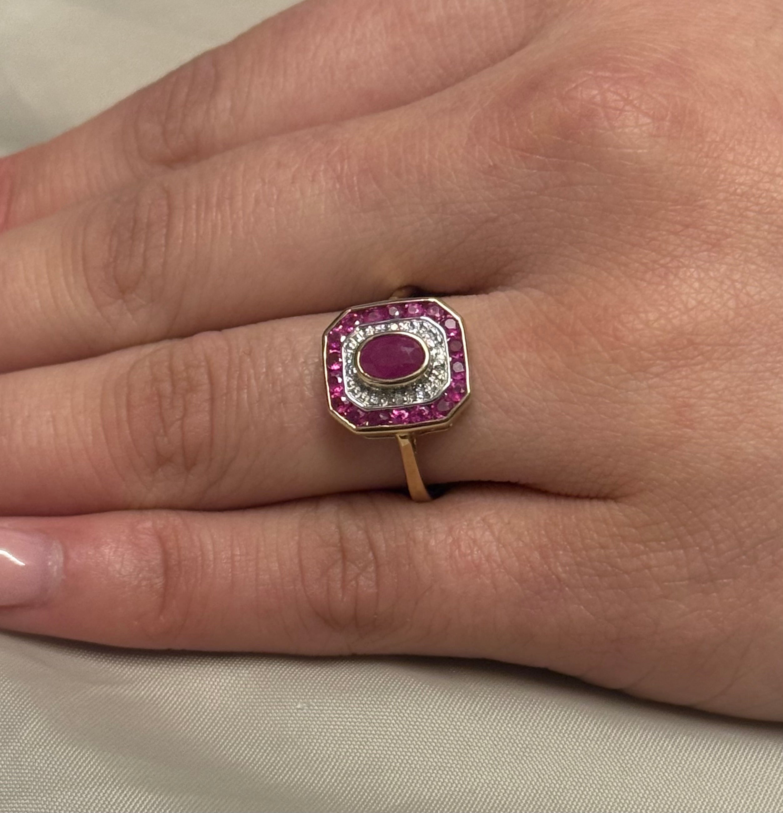 9K Yellow Gold Art Deco Style Ruby and Diamond Ring