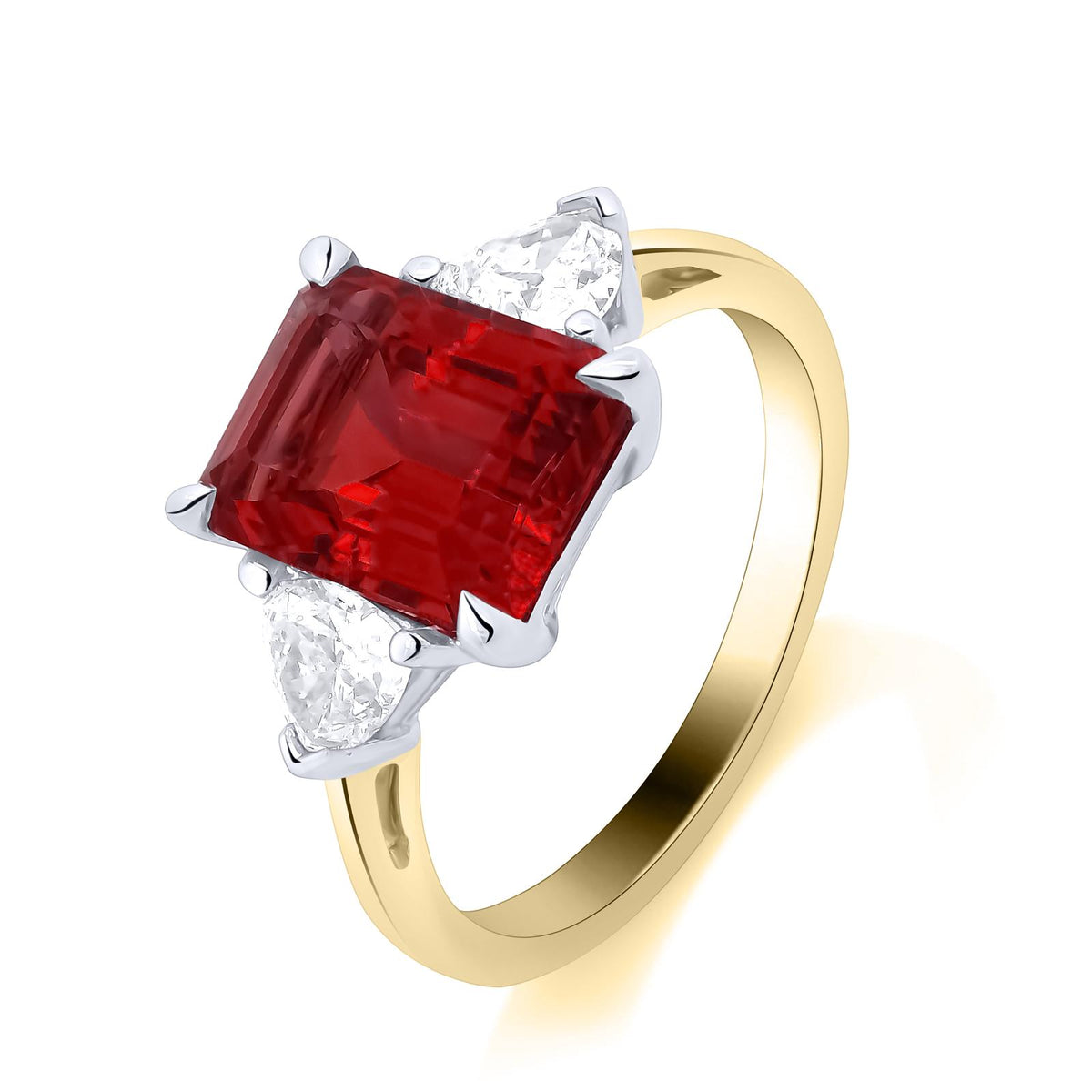 9ct Yellow Gold Lab-Grown Emerald Cut Ruby with Trillion Diamond Shoulders