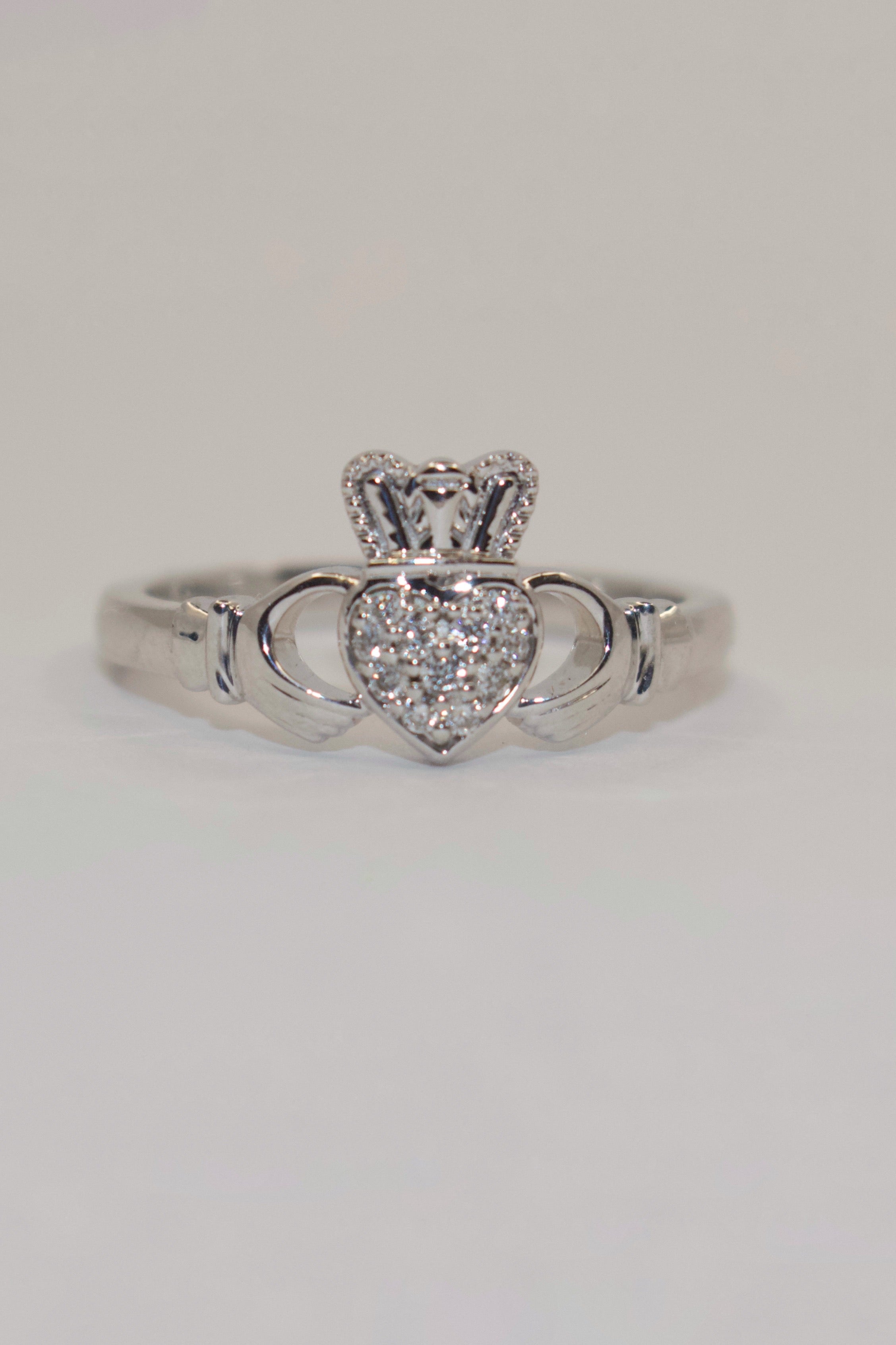 9K White Gold Diamond Heart Claddagh Ring