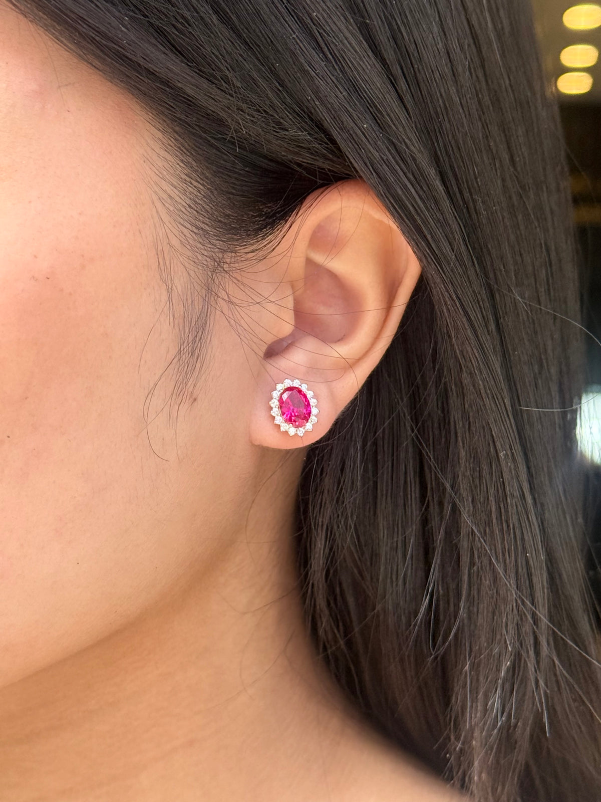 9ct Yellow Gold Red CZ Oval Studs With Halo