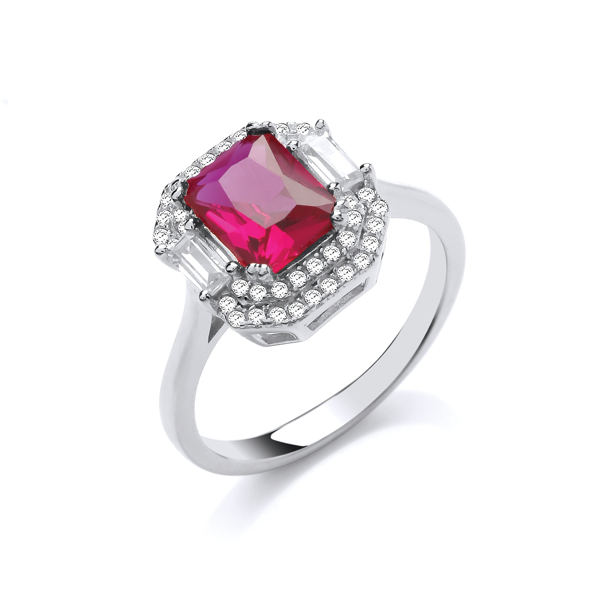 Sterling Silver Red Emerald Cut Cz Halo Dress Ring