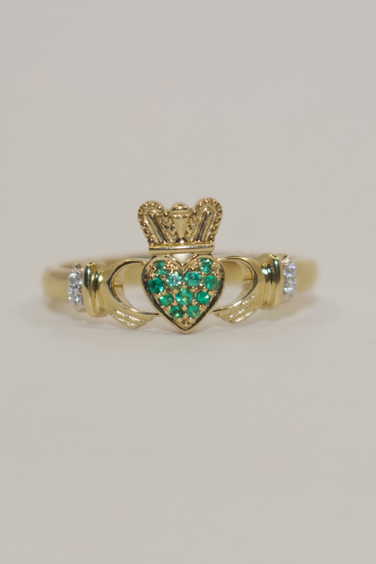 9K Yellow Gold Emerald and Diamond Claddagh Ring