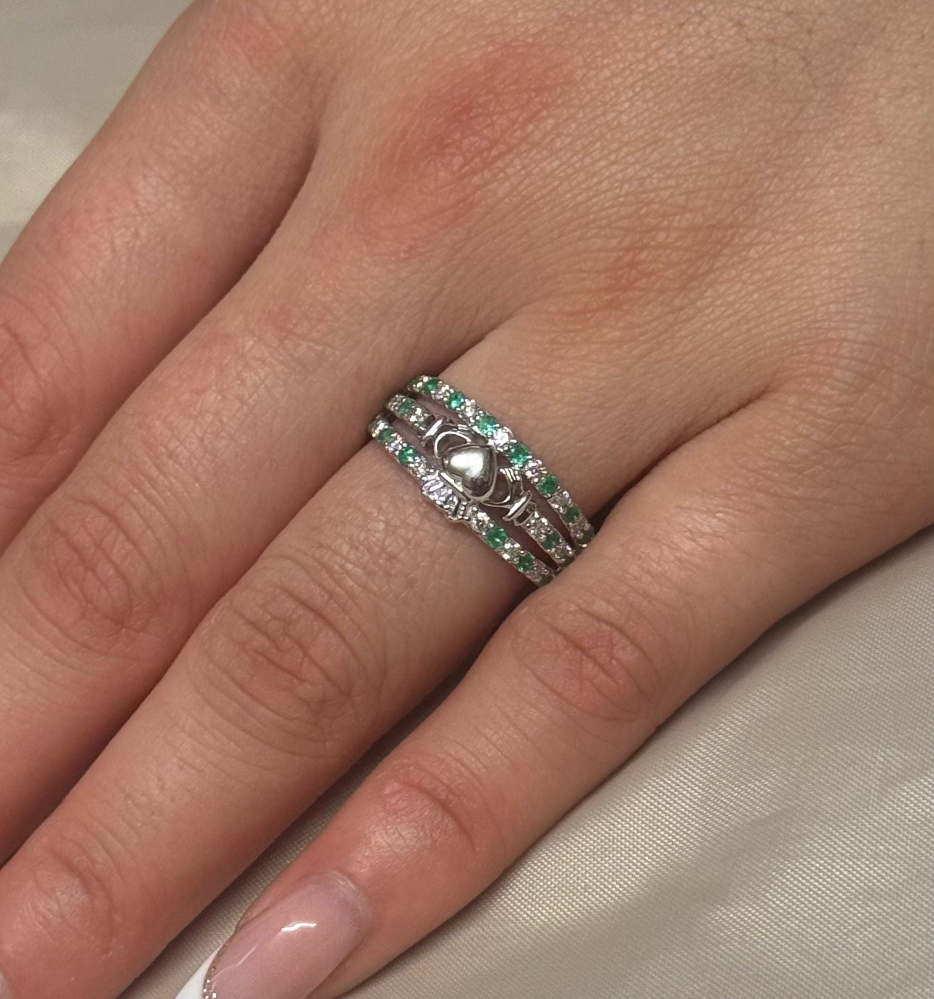 14K White Gold Emerald and Diamond Triple Band Claddagh Ring