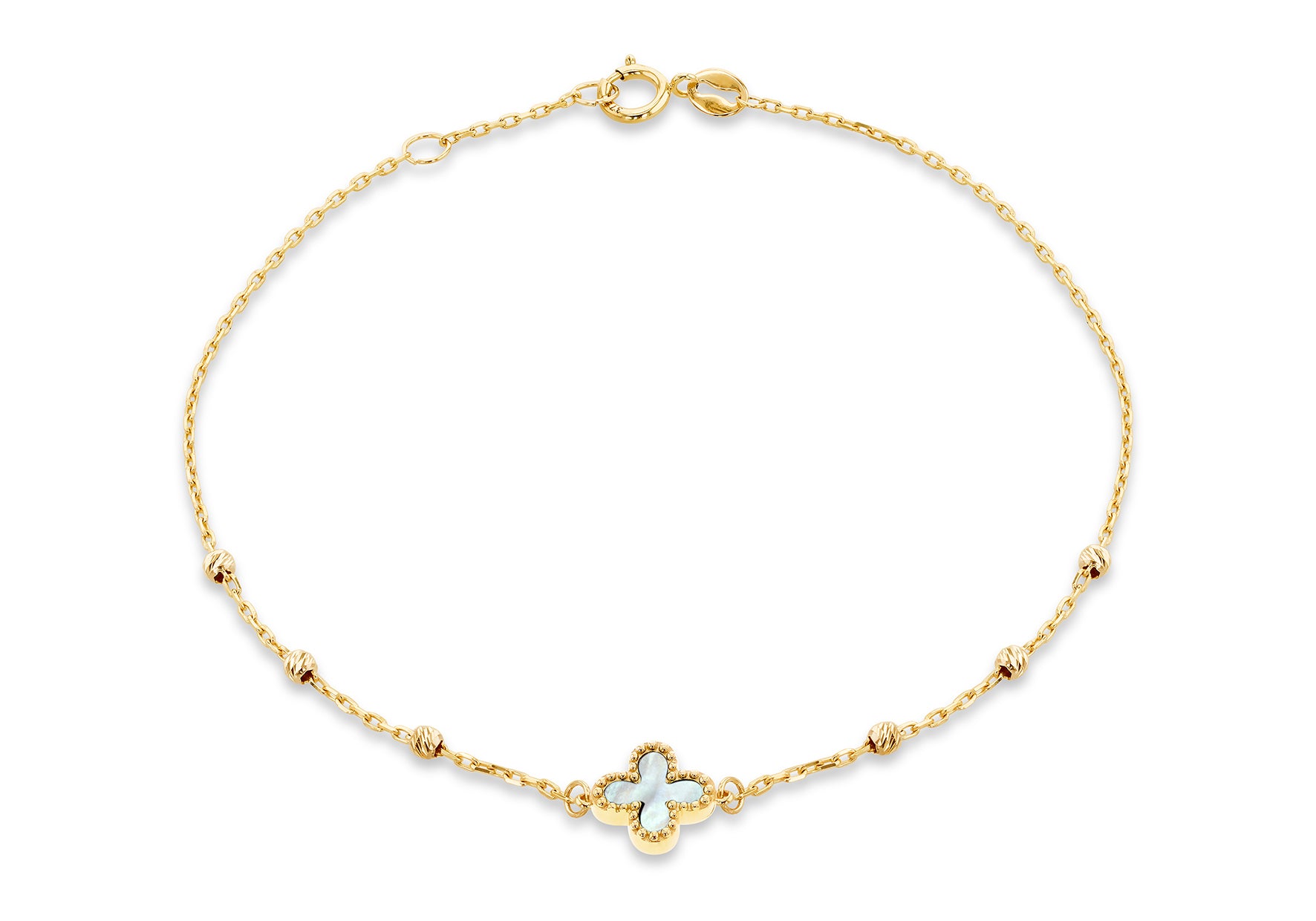 9ct Yellow Gold Mother Of Pearl Beaded Clover Bracelet