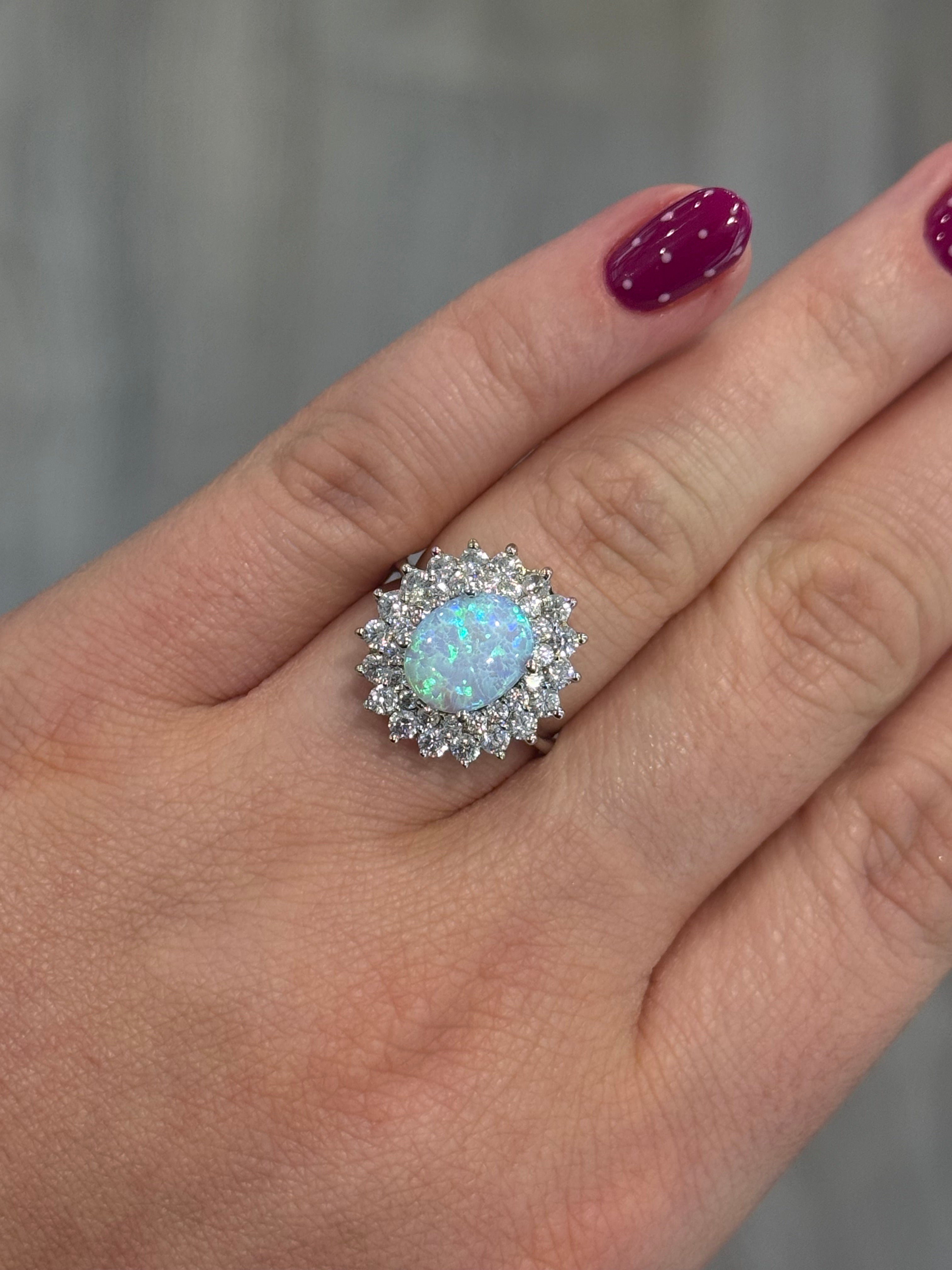 Sterling Silver Opal and CZ Double Cluster Ring