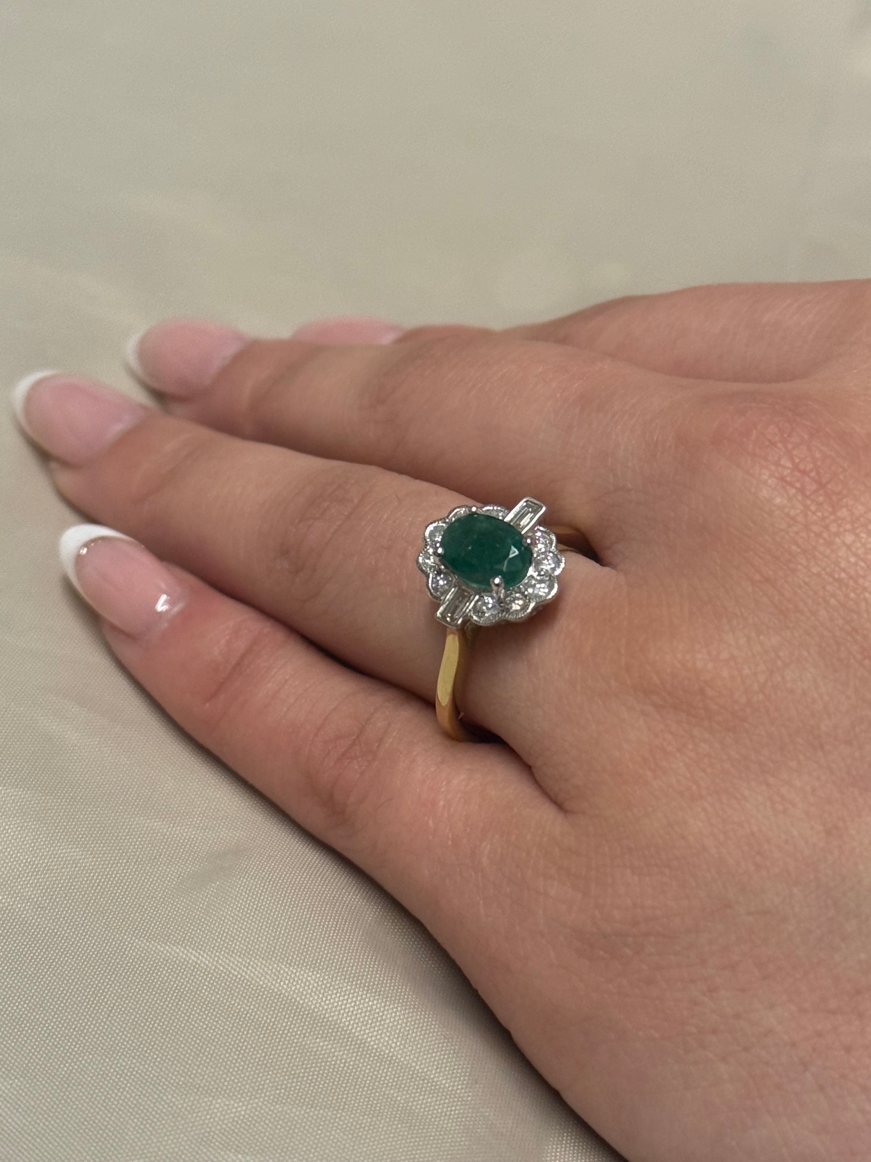 9K Yellow Gold Emerald and Diamond Cluster with Baguette side stones