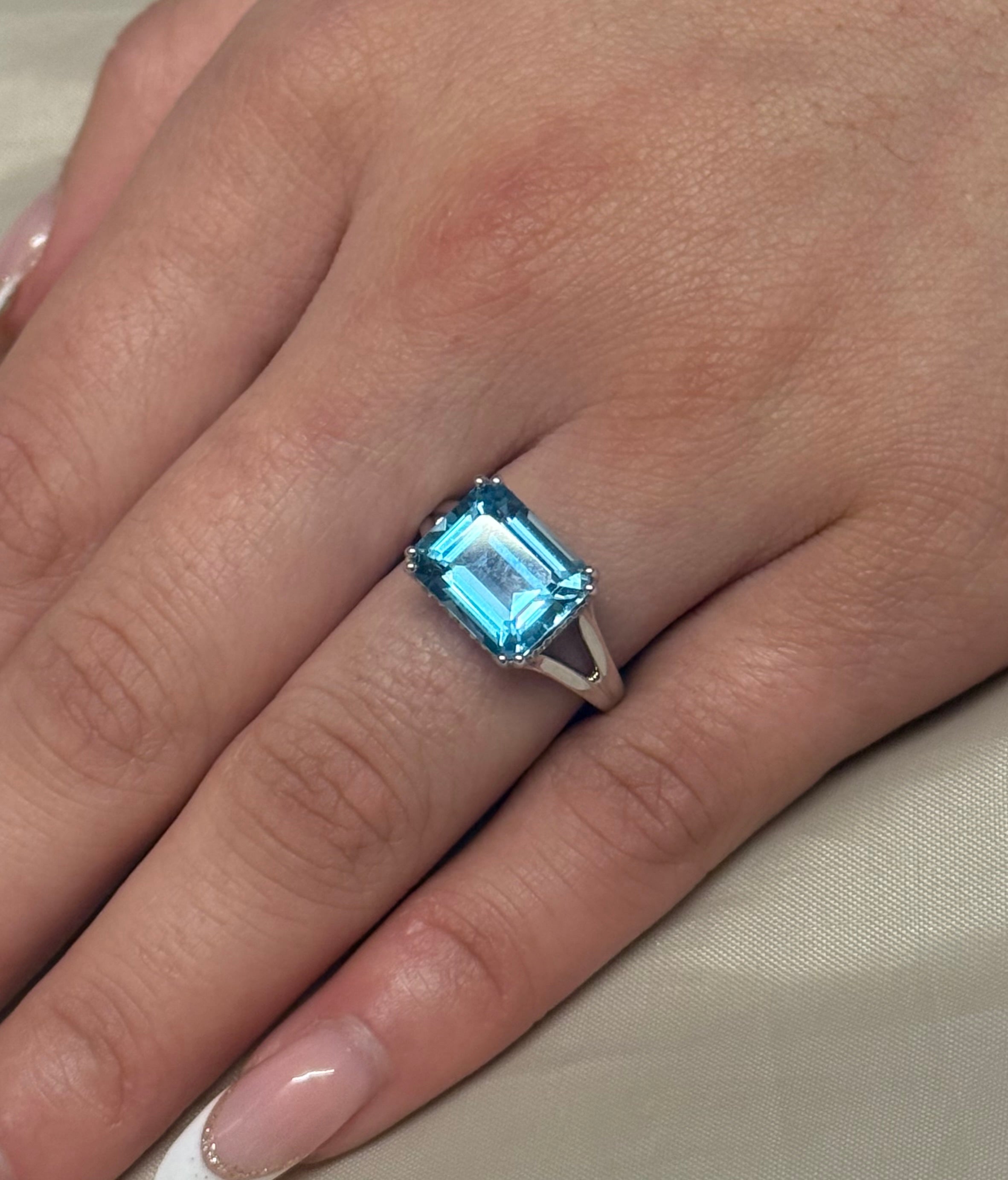 9K White Gold East West Blue Topaz with Diamond Hidden Halo