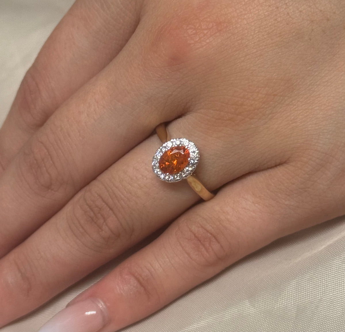 9K Yellow Gold Oval Fire Opal Ring with Diamond Halo
