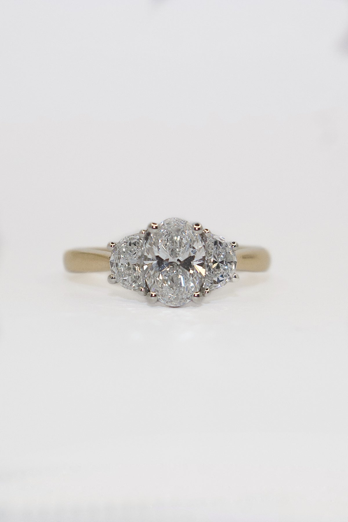 18K Yellow Gold 1.4ct Laboratory Grown Oval 3 Stone with Half Moon Side Stones