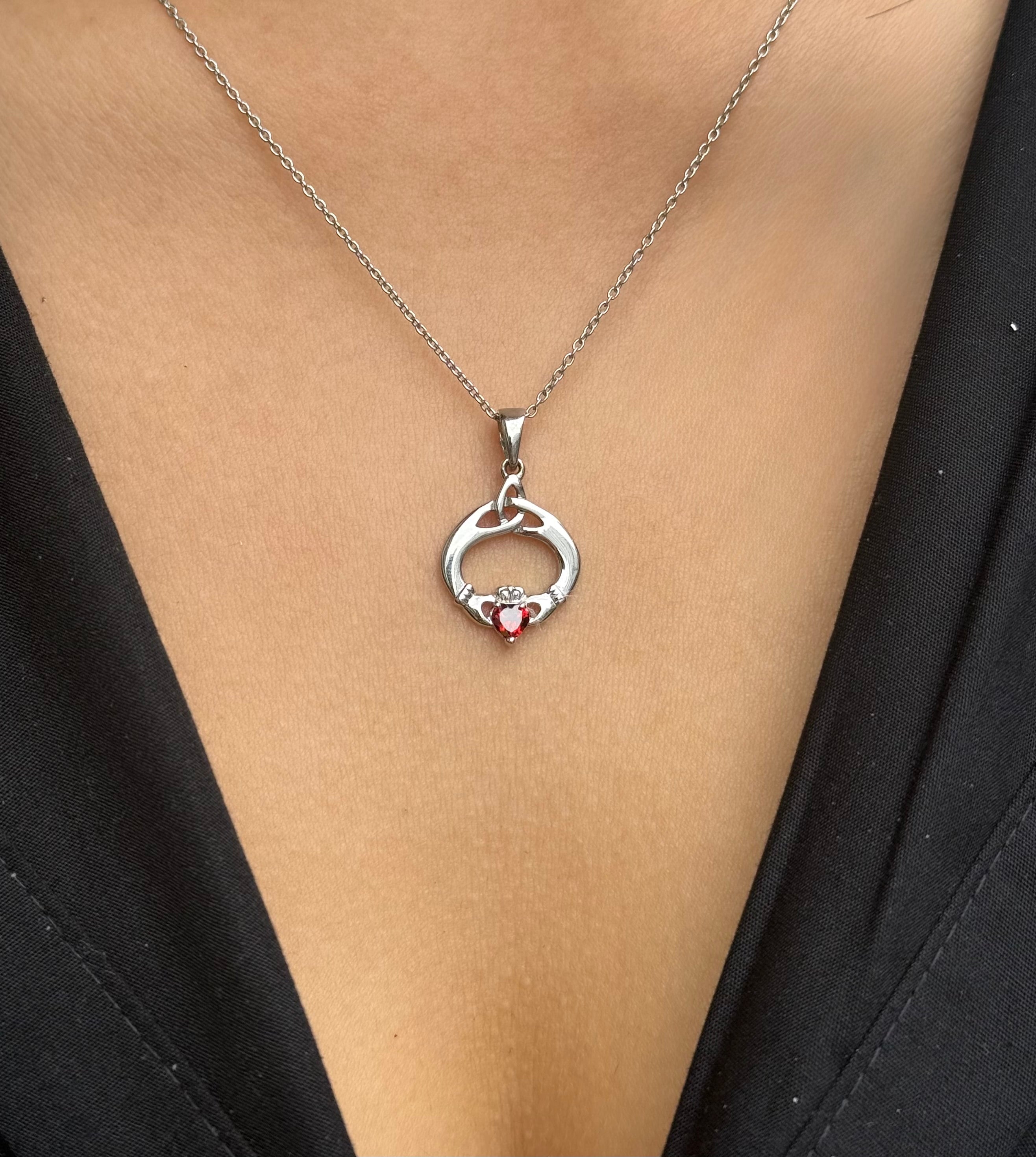 Sterling Silver January Birthstone Claddagh Pendant
