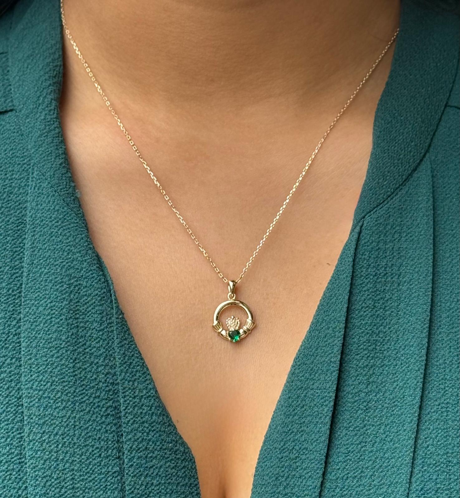 Gold Plated Sterling Silver Green Stone Claddagh Pendant