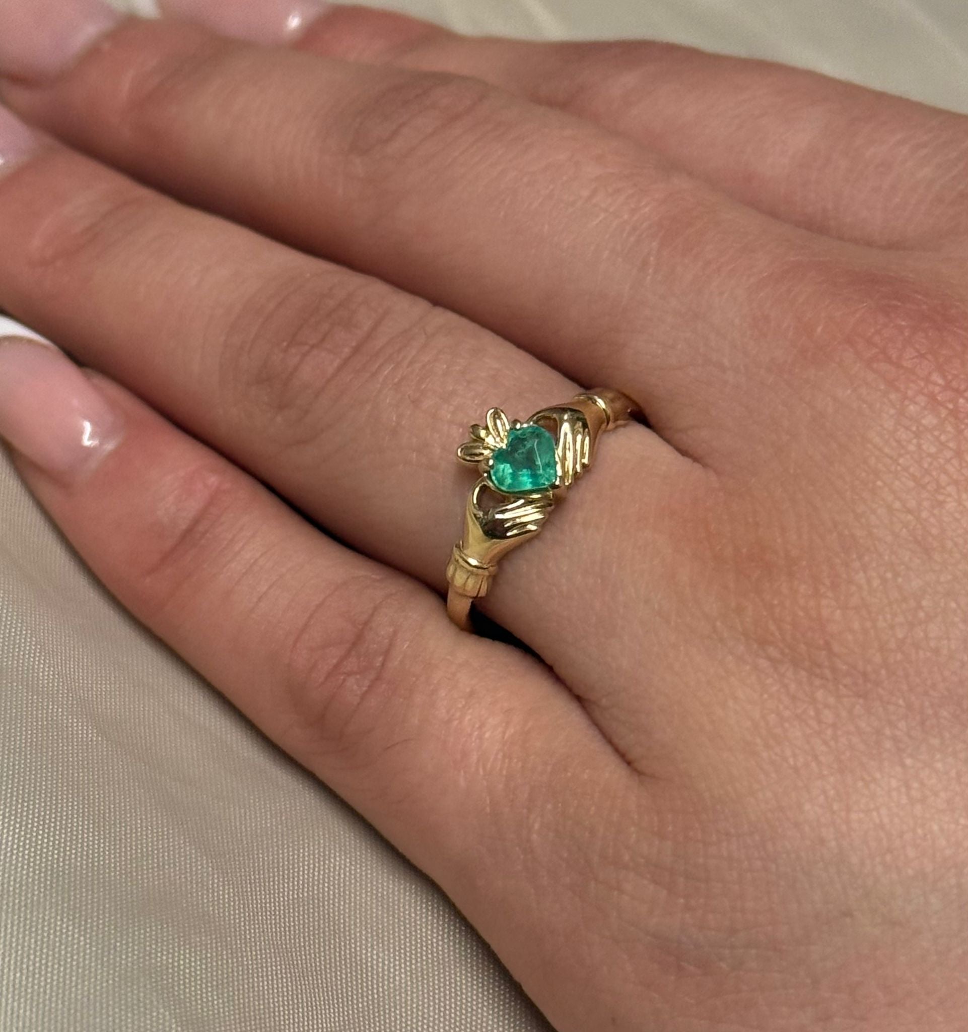 9K Yellow Gold Emerald Heart Claddagh Ring