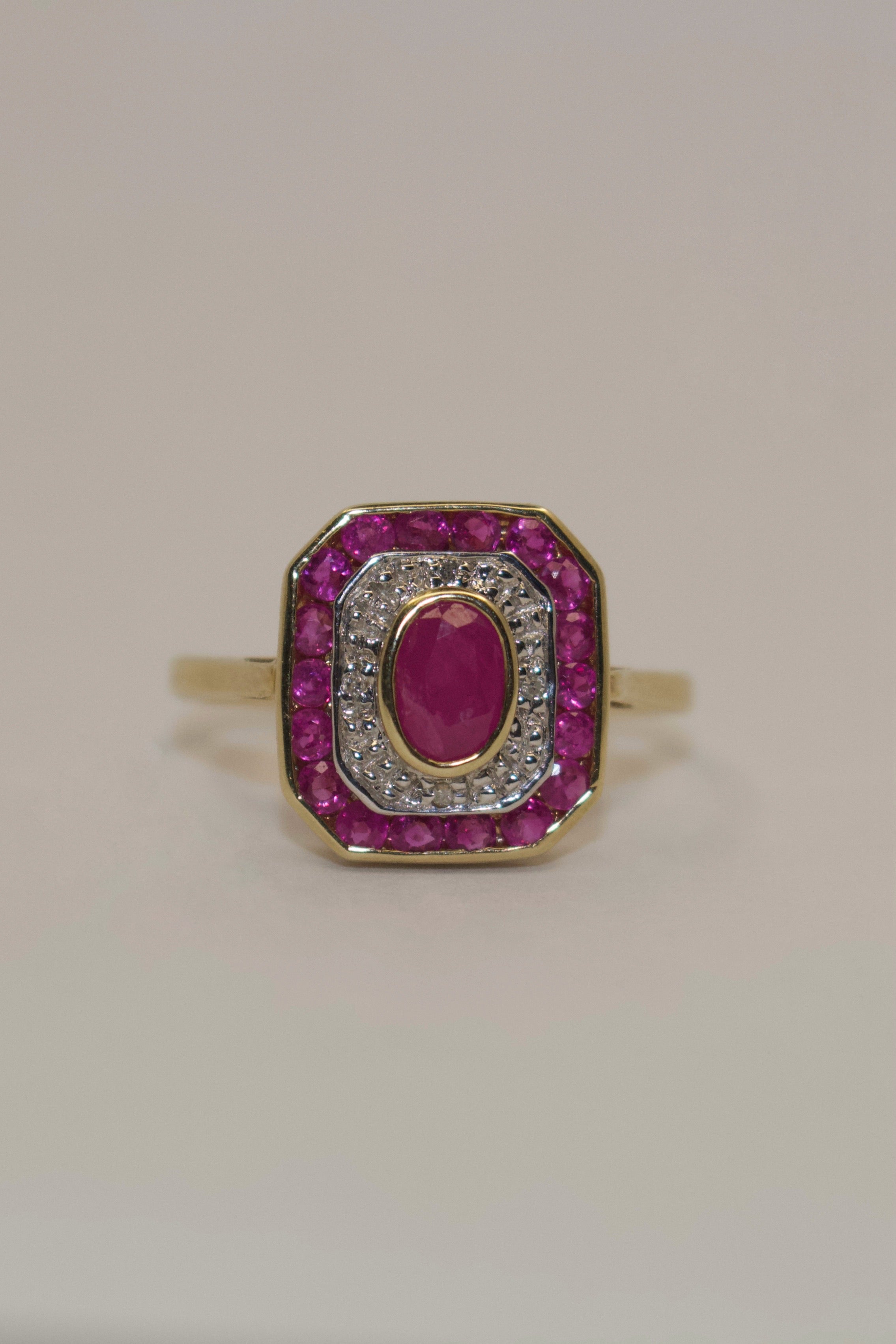 9K Yellow Gold Art Deco Style Ruby and Diamond Ring