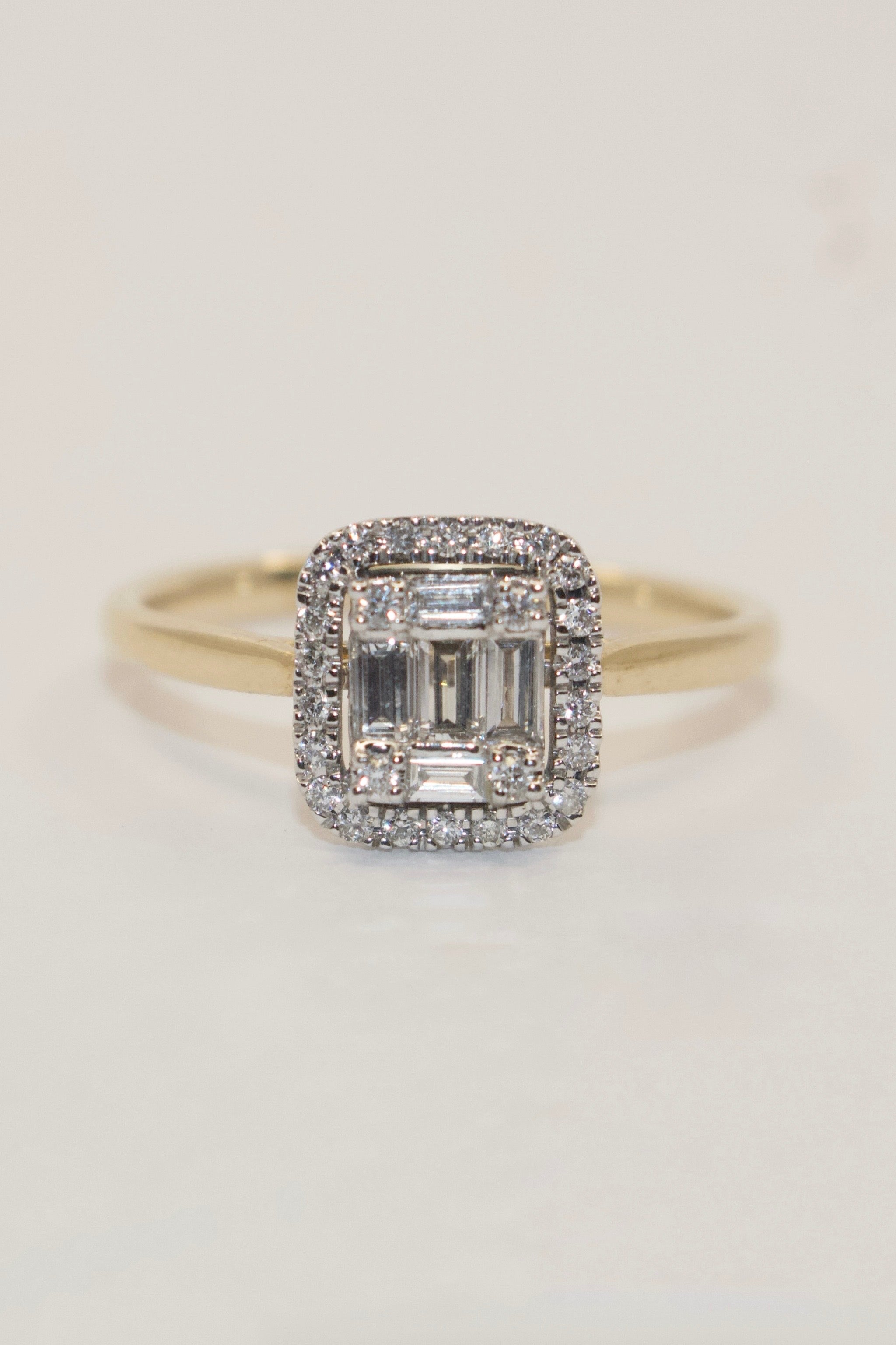 9K Yellow Gold Emerald Cut Cluster Halo Diamond Ring