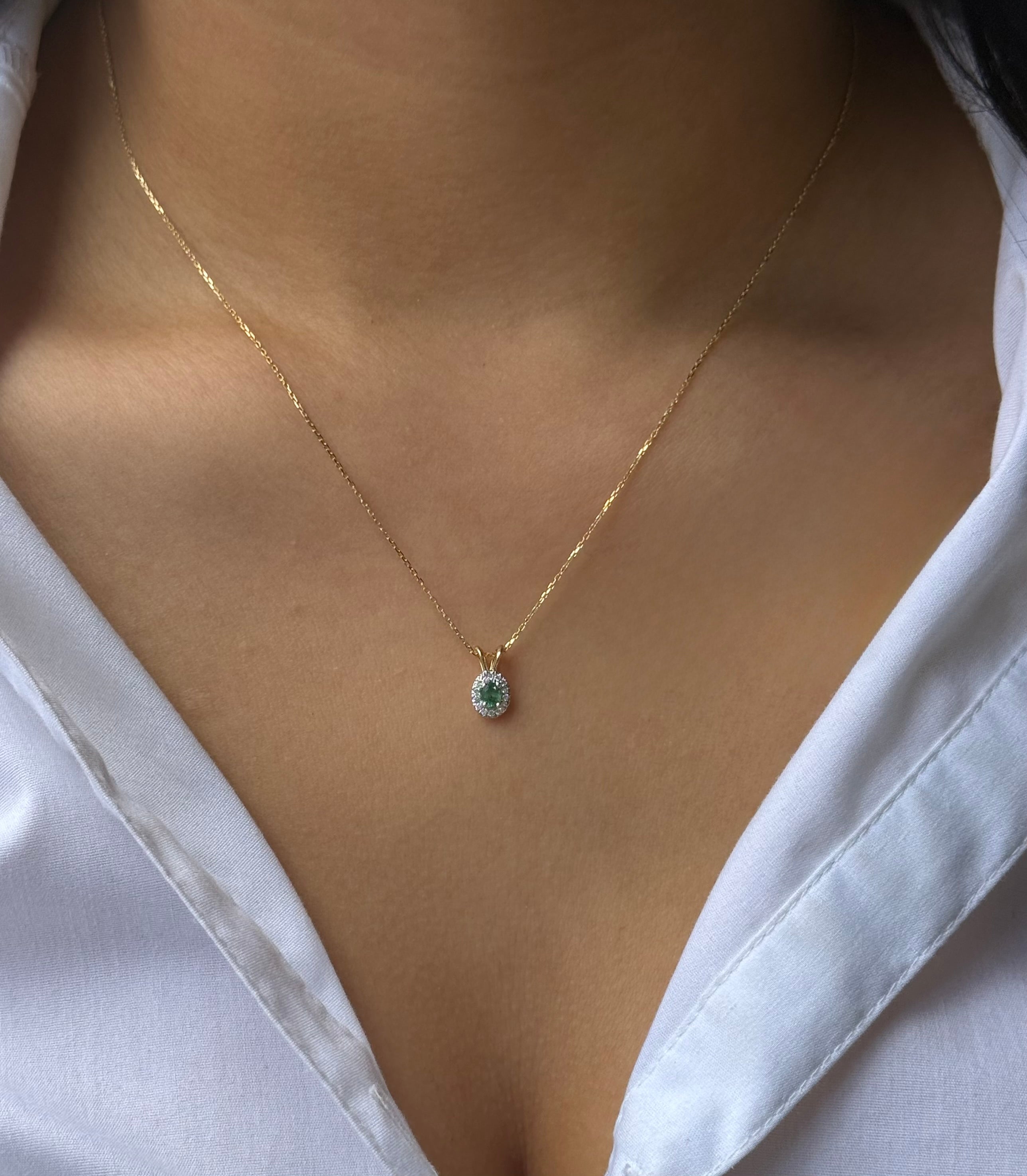 9ct Yellow Gold Dainty Emerald & Diamond Oval Halo Necklace
