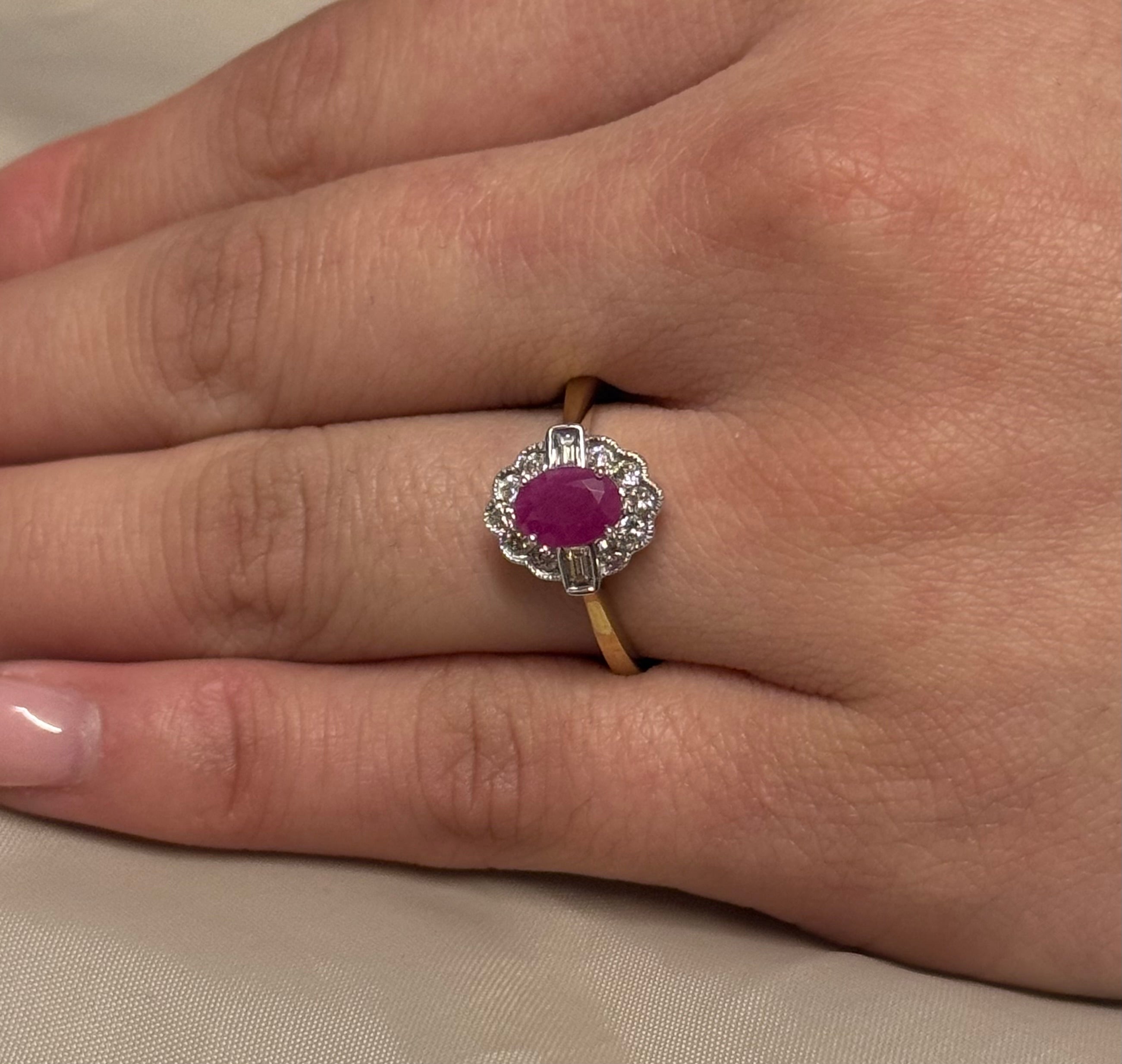 9K Yellow Gold Oval Ruby and Diamond Cluster with Baguette Side Stones