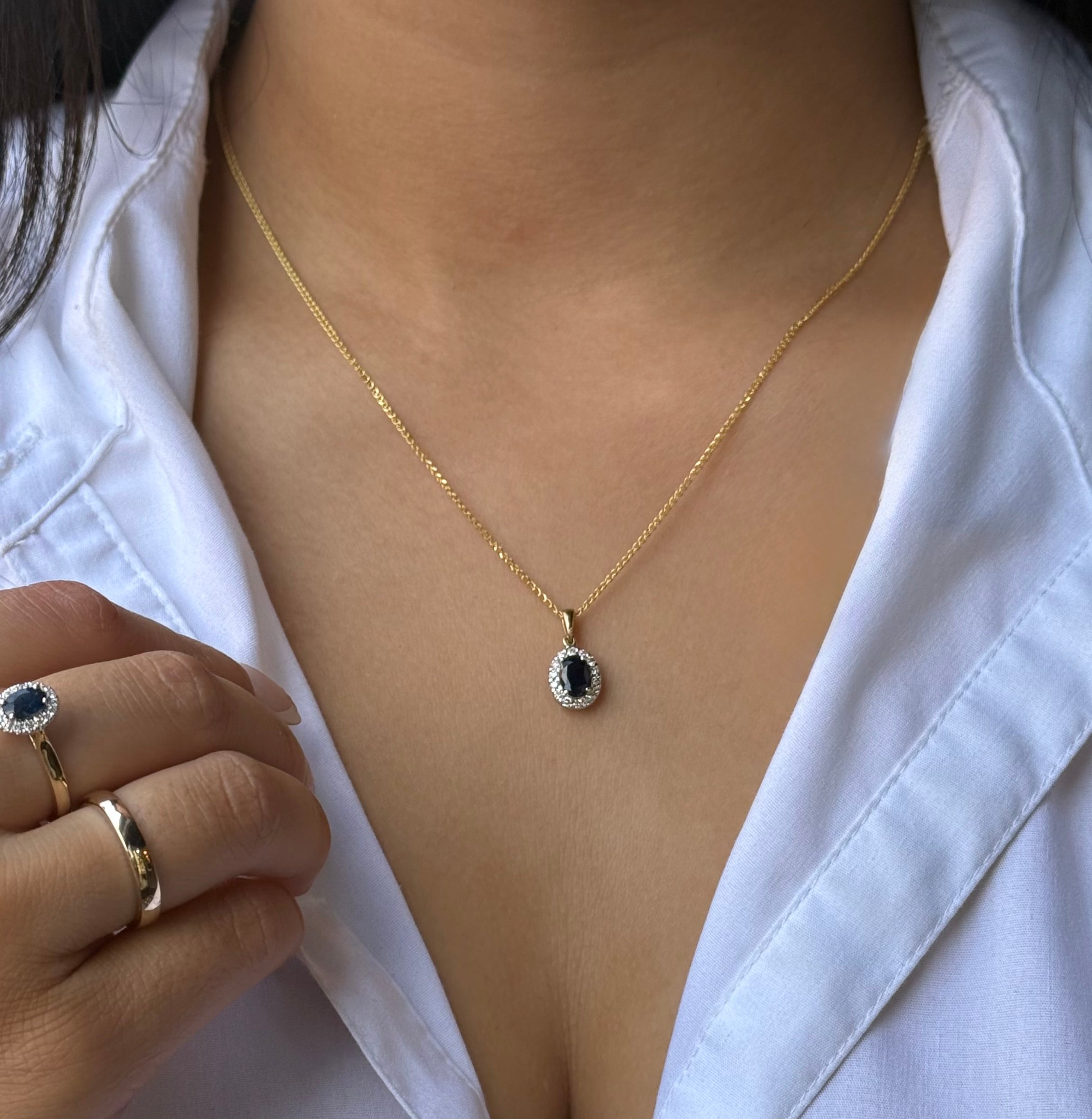 9ct Yellow Gold Sapphire & Diamond Oval Halo Necklace