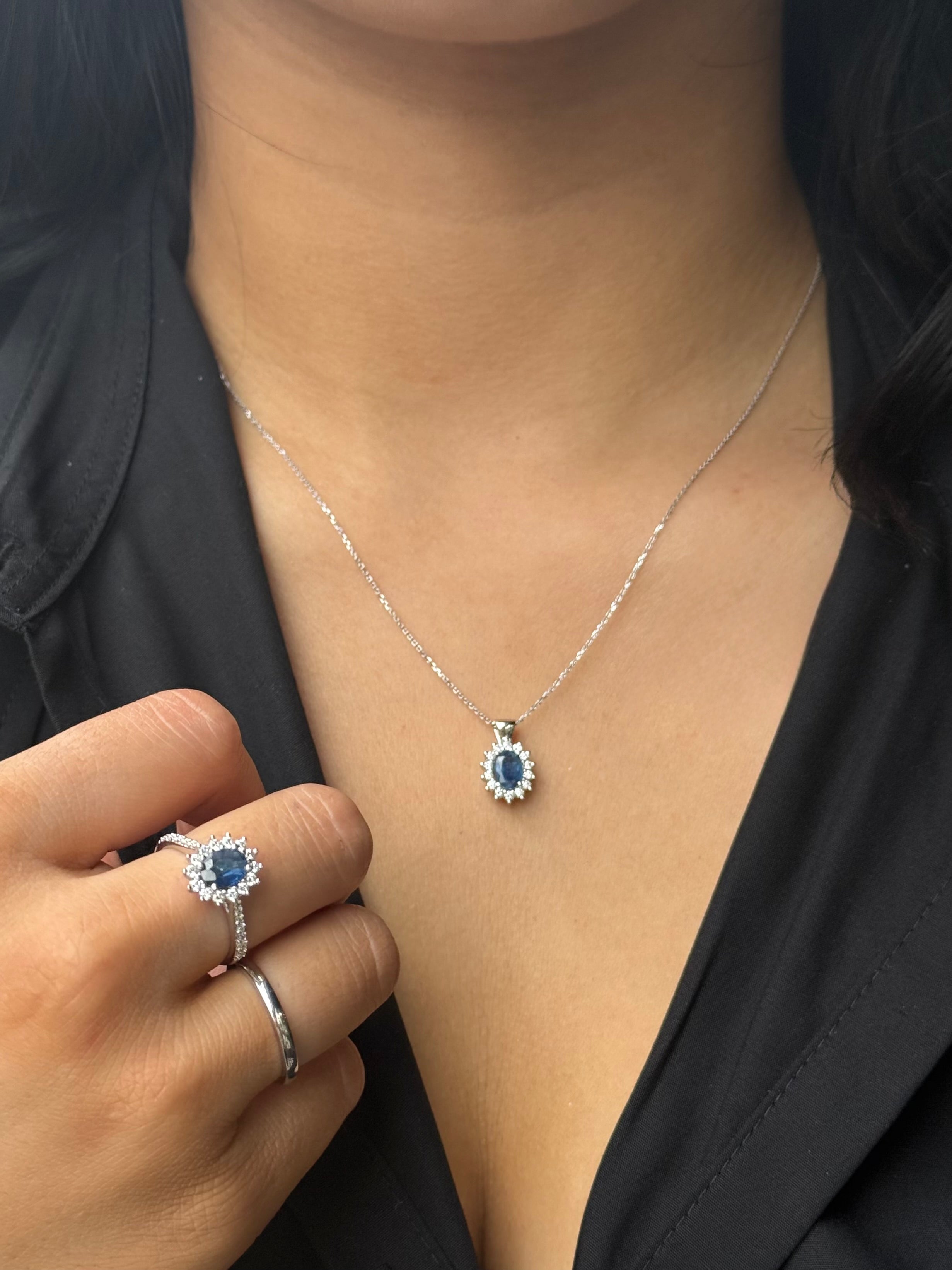9ct White Gold Sapphire & Diamond Cluster Pendant