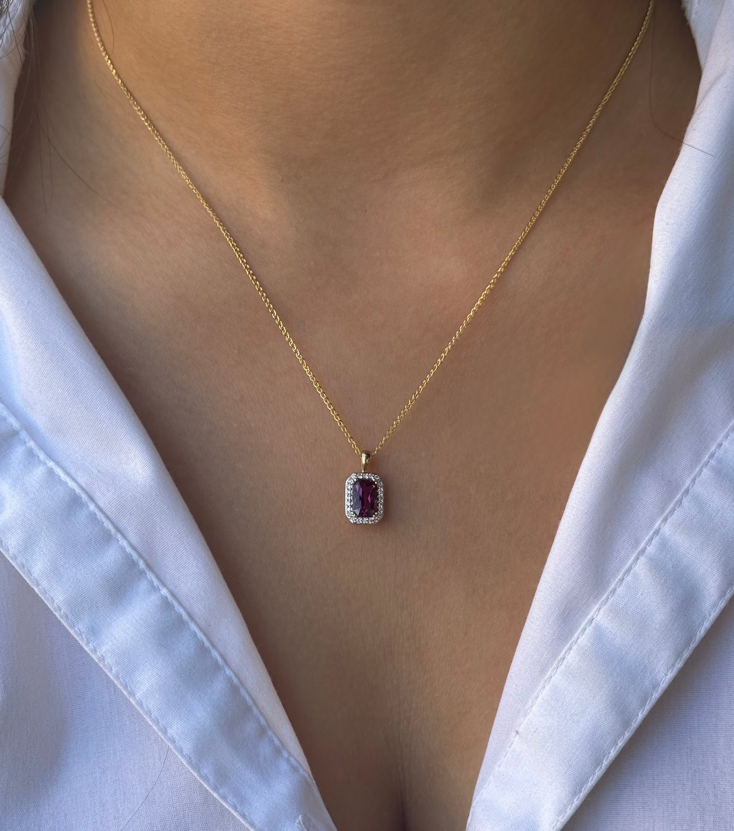 9ct Yellow Gold Purple Garnet & Diamond Halo Necklace