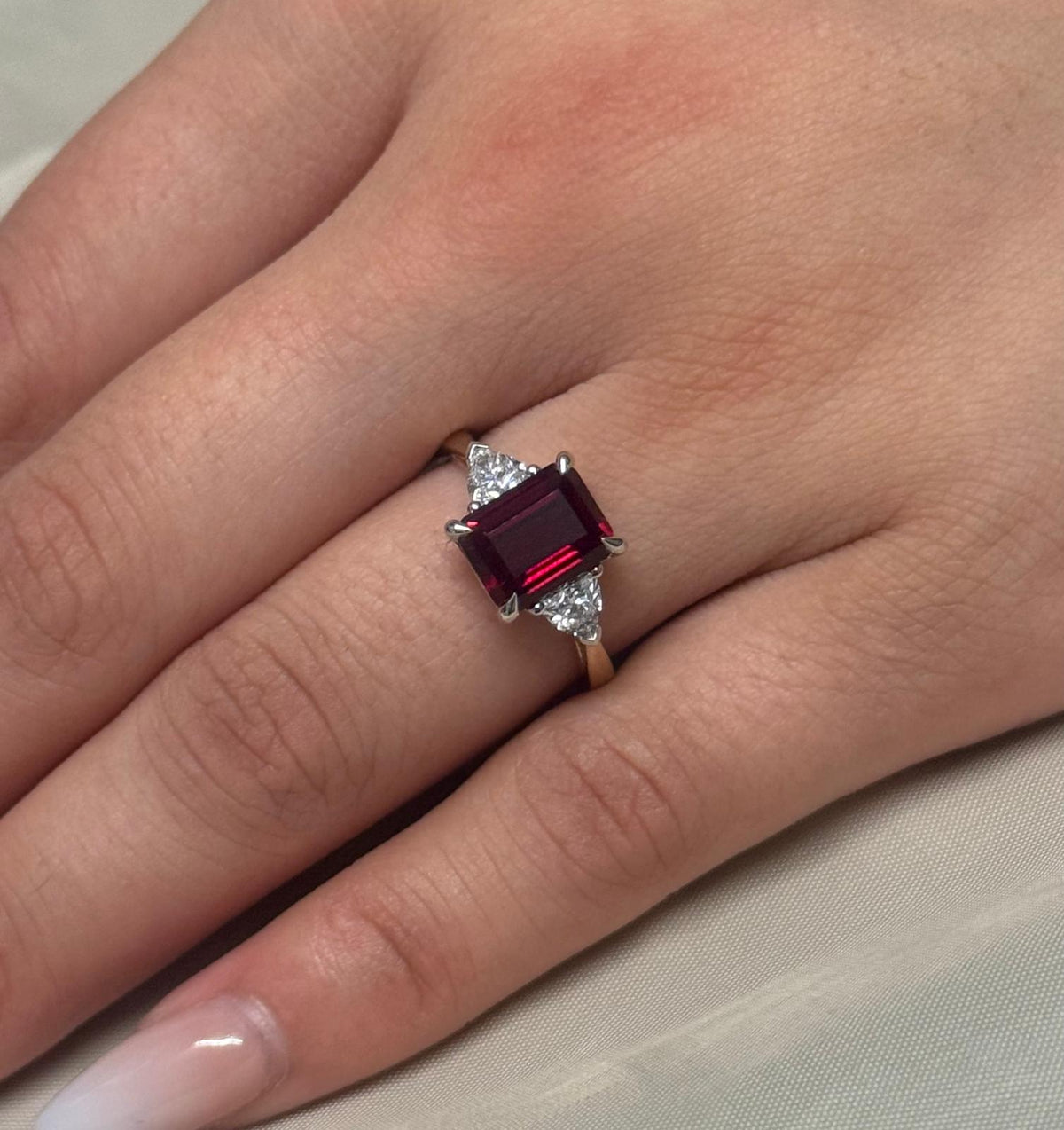 9ct Yellow Gold Lab-Grown Emerald Cut Ruby with Trillion Diamond Shoulders