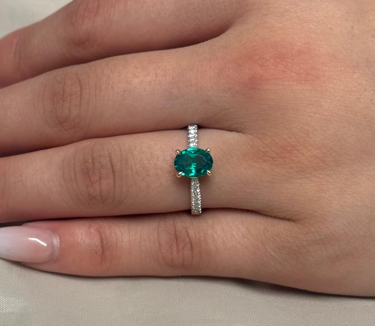 9ct Yellow Gold Lab Grown Oval Cut Emerald with Diamond Band