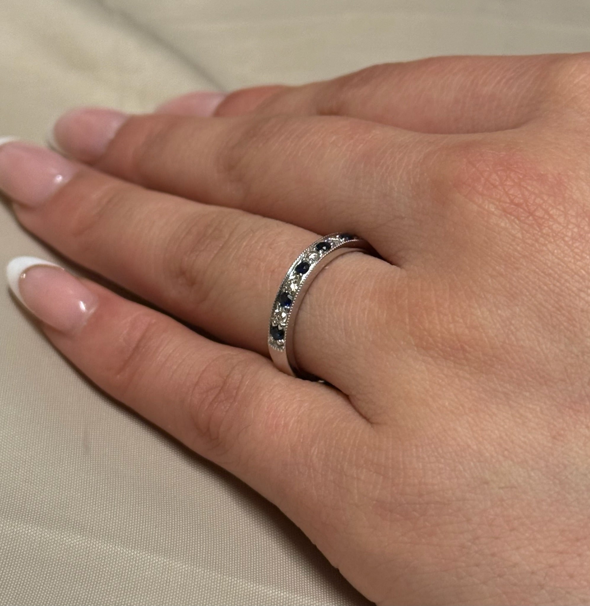 9ct White Gold Milgrain Channel Set Sapphire and Diamond Band