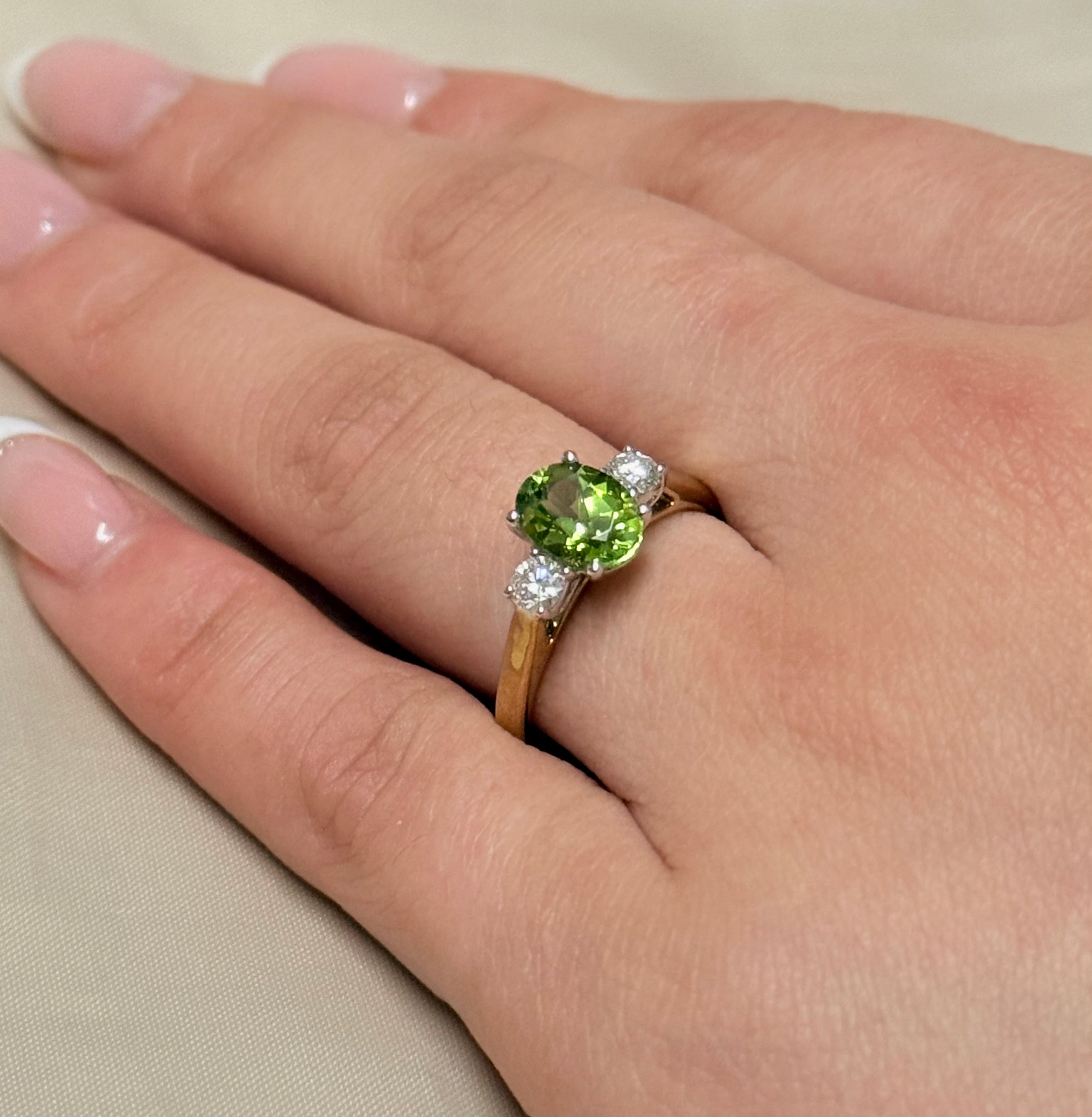 9K Yellow Gold Peridot and Diamond Three Stone Ring