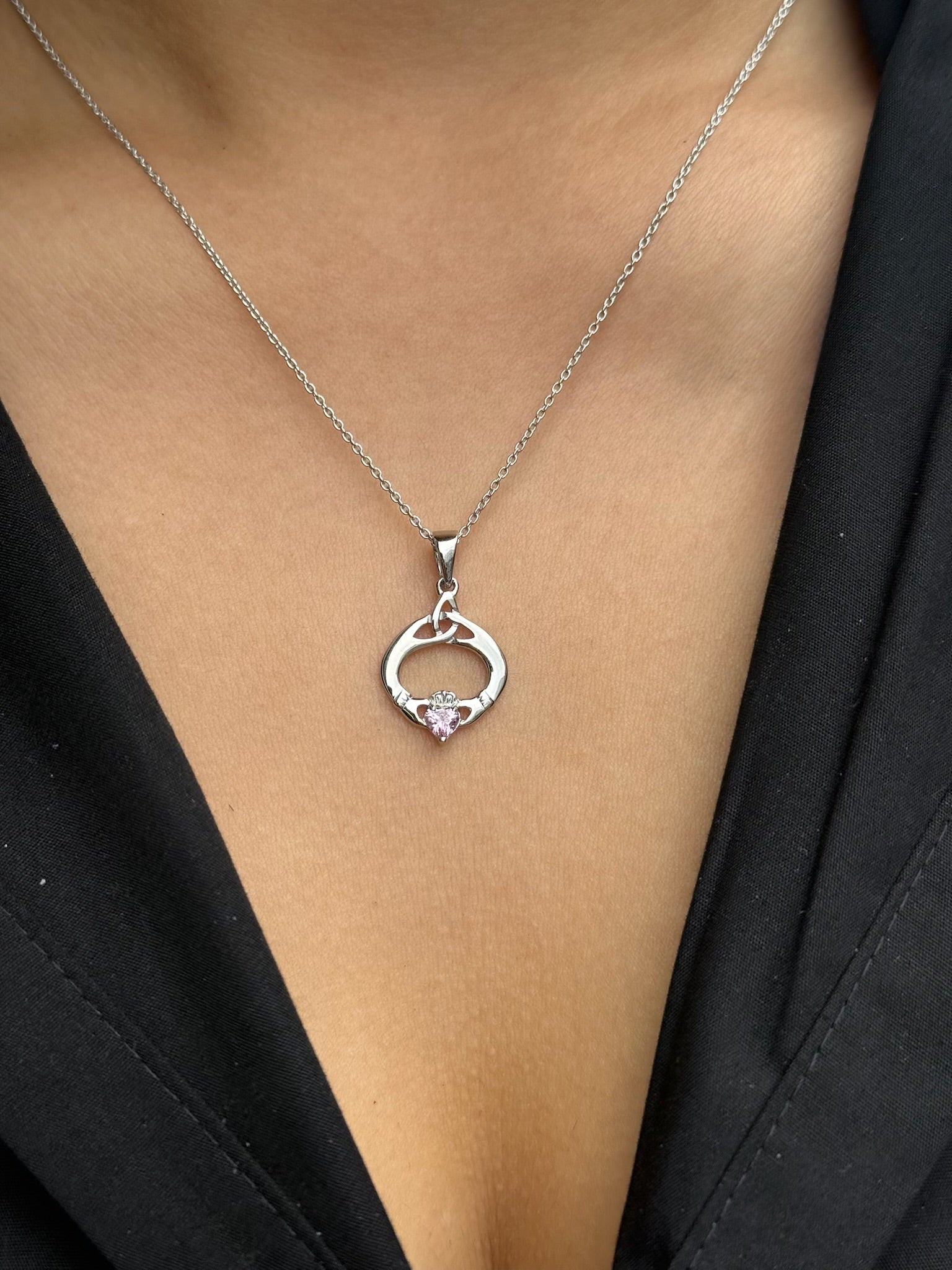 Sterling Silver October Birthstone Claddagh Pendant