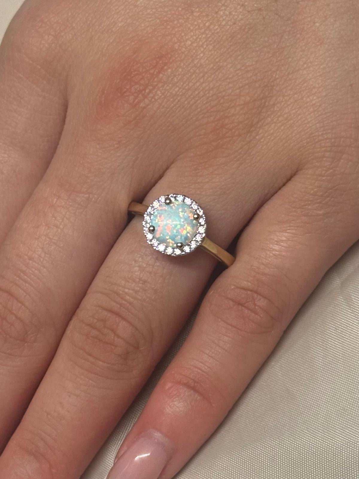 9K Yellow Gold Round Opal with CZ Halo Ring