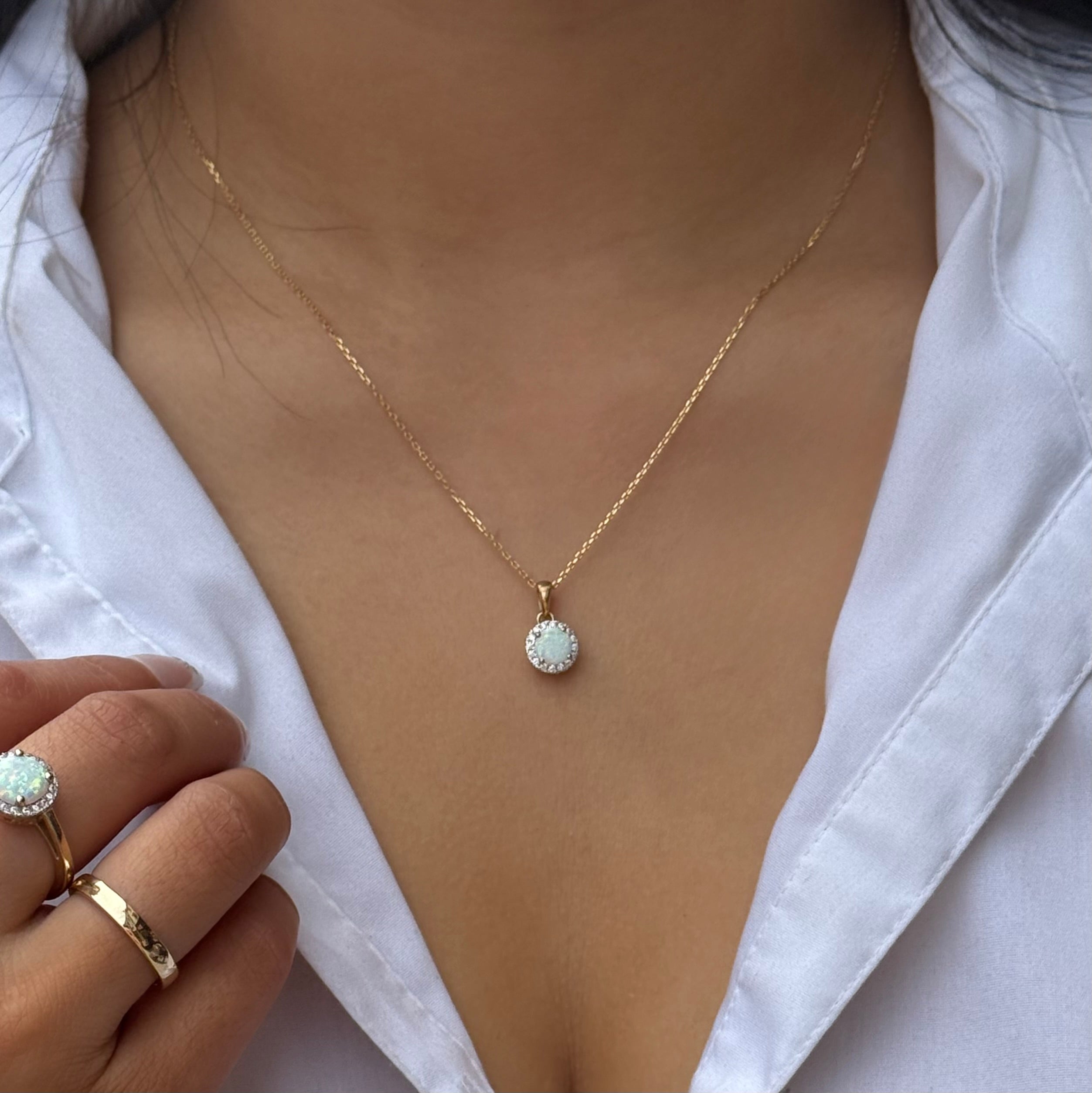 9ct Yellow Gold Opal Round CZ Halo Pendant