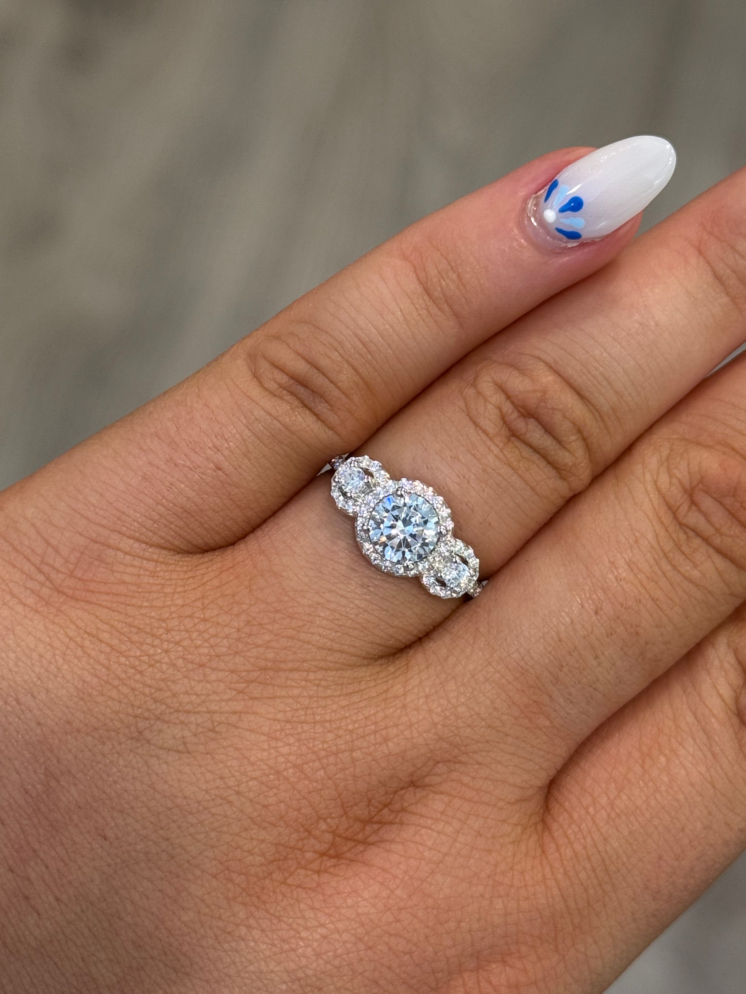Sterling Silver Three Stone Cz Halo Ring