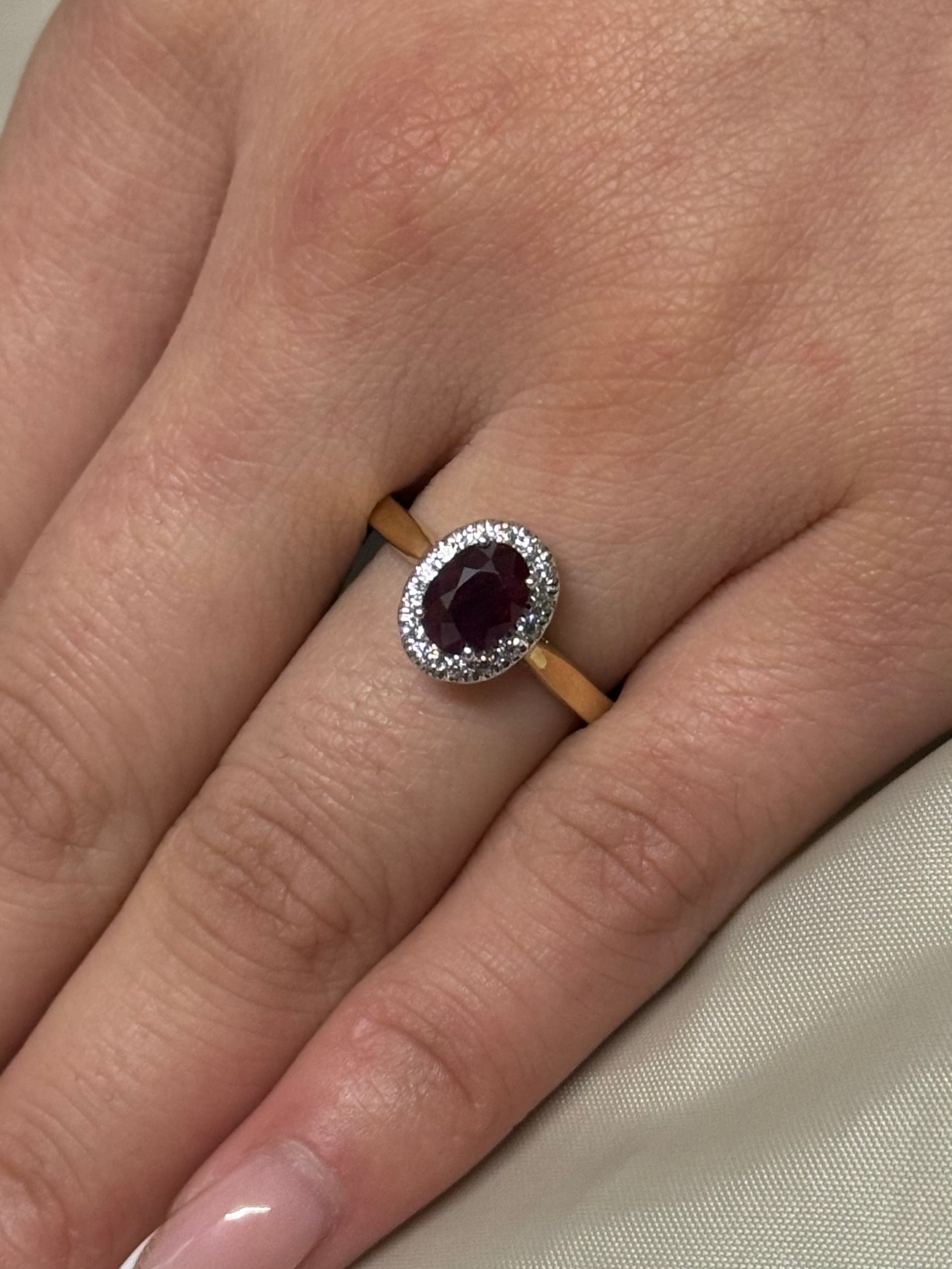 9K Yellow Gold Oval Ruby with Diamond Halo