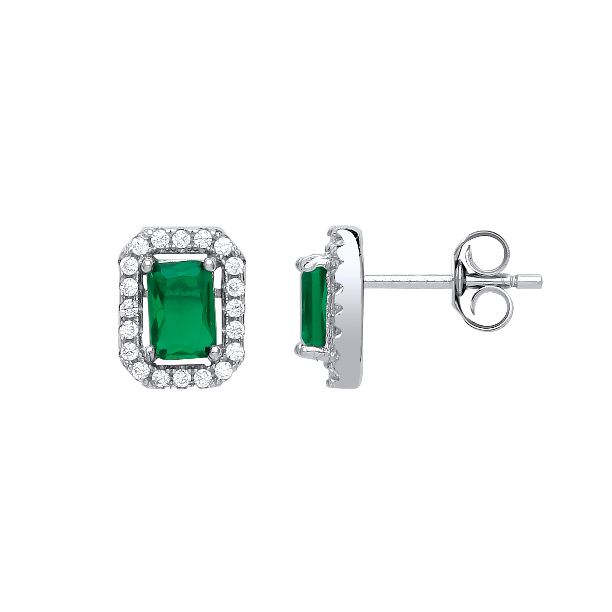 Sterling Silver Green Emerald Cut Halo Stud Earrings