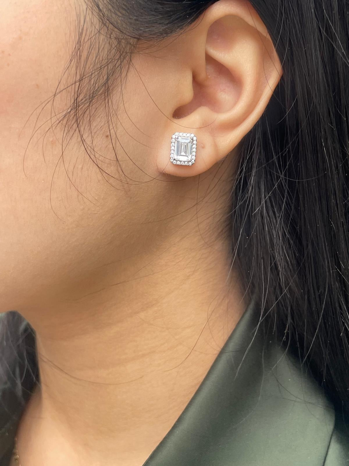 Sterling Silver Cz Emerald Cut Halo Earrings