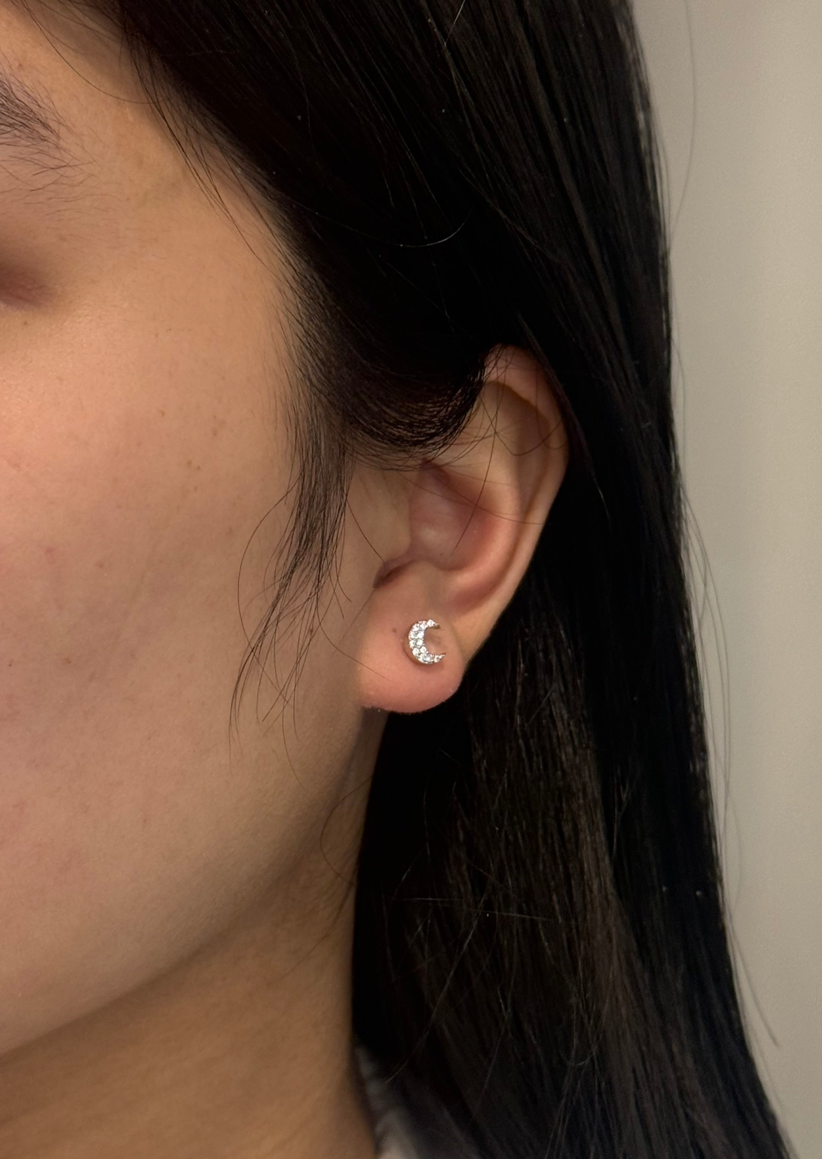 Sterling Silver Cz Moon Stud Earrings