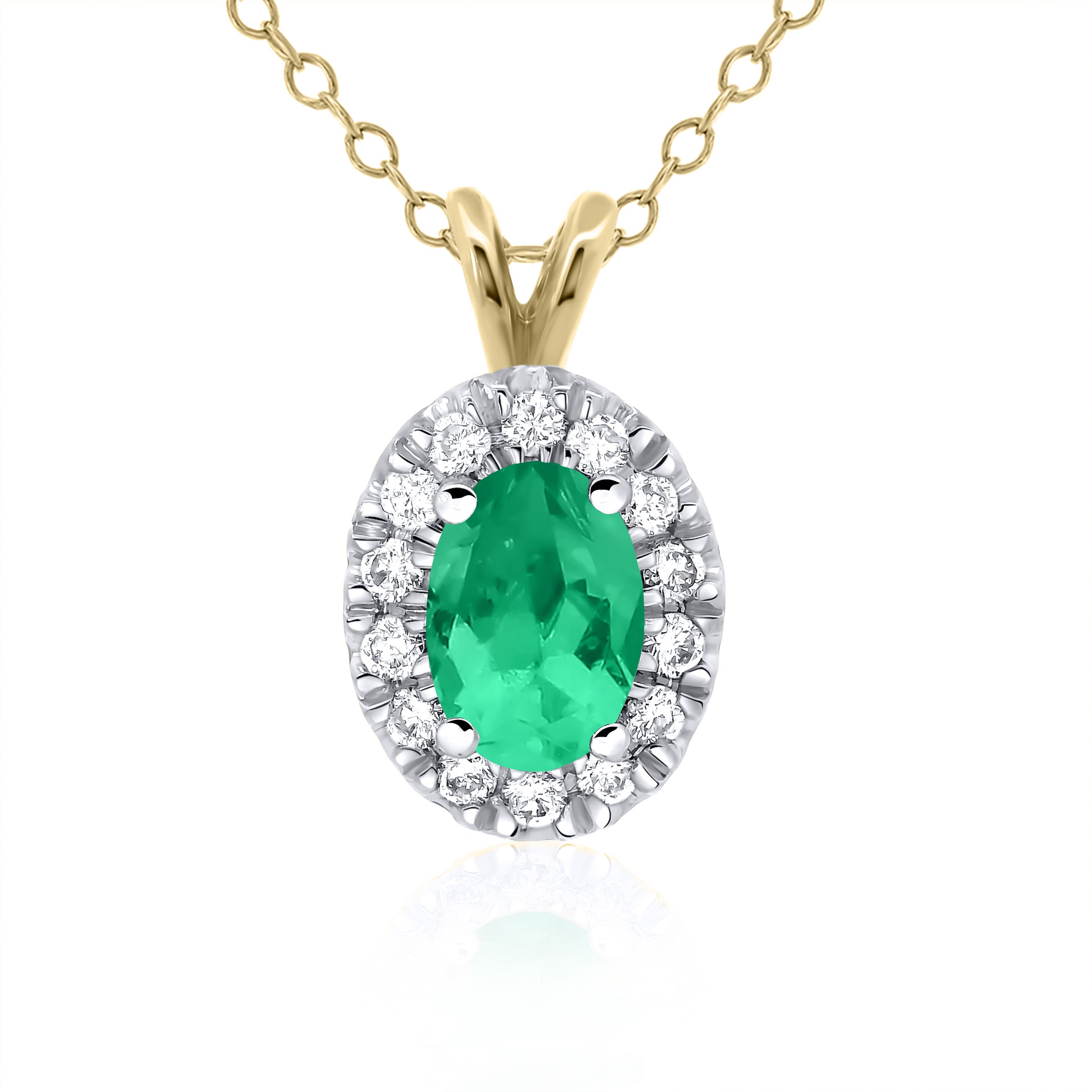9ct Yellow Gold Emerald & Diamond Oval Halo Necklace