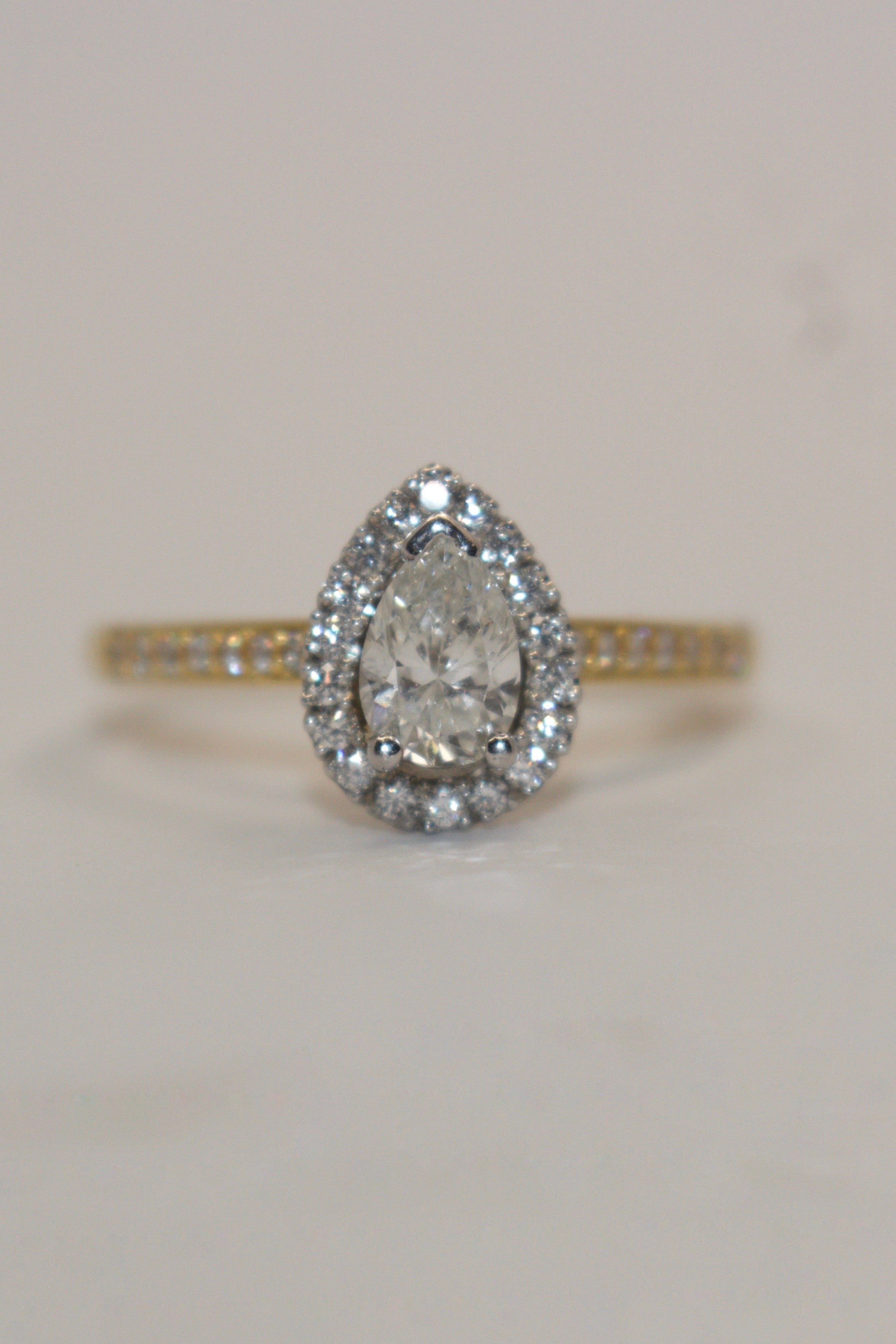 18K Two Tone Gold Pear Halo With Diamond Band
