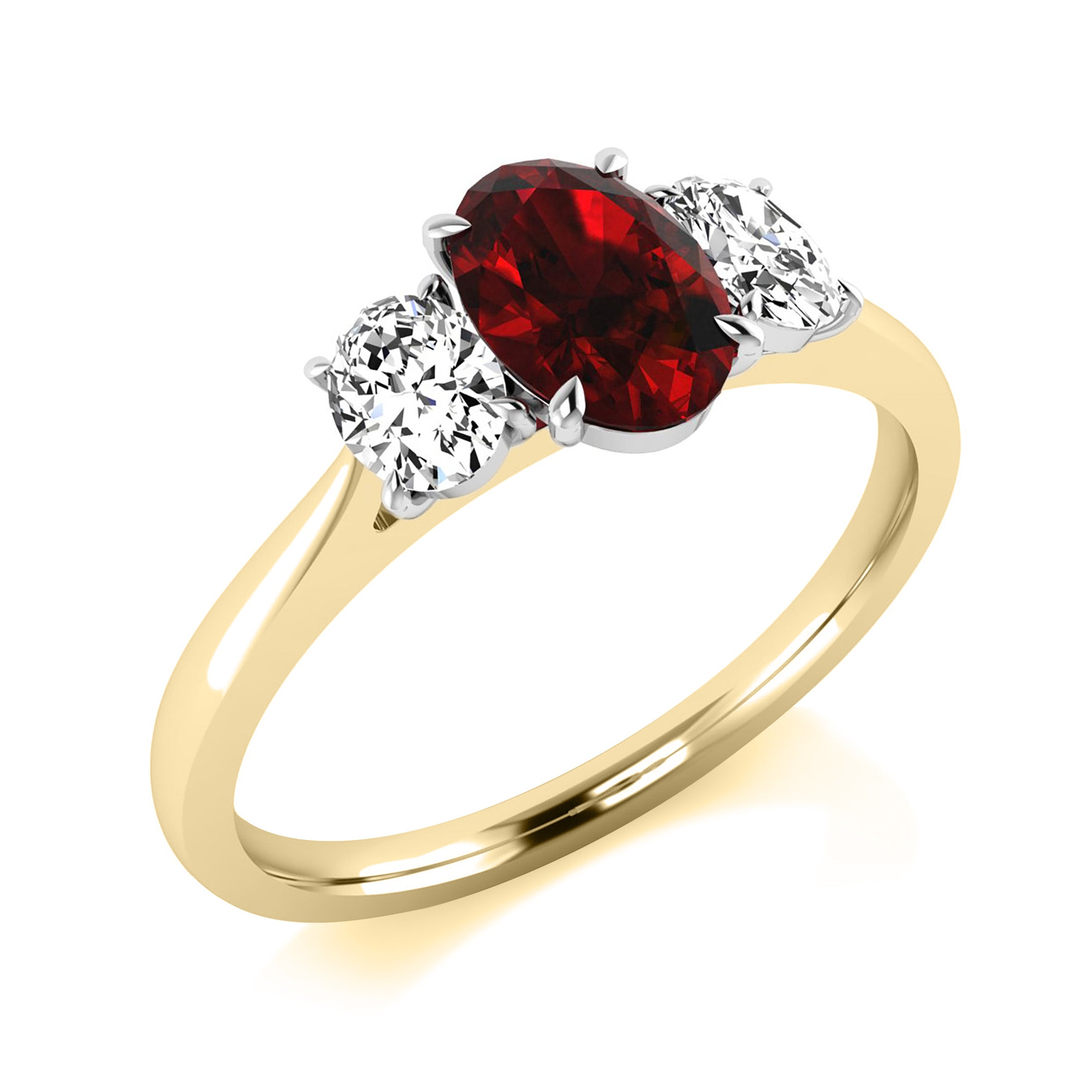9K Yellow Gold Oval Ruby Ring with Round Diamond Side Stones