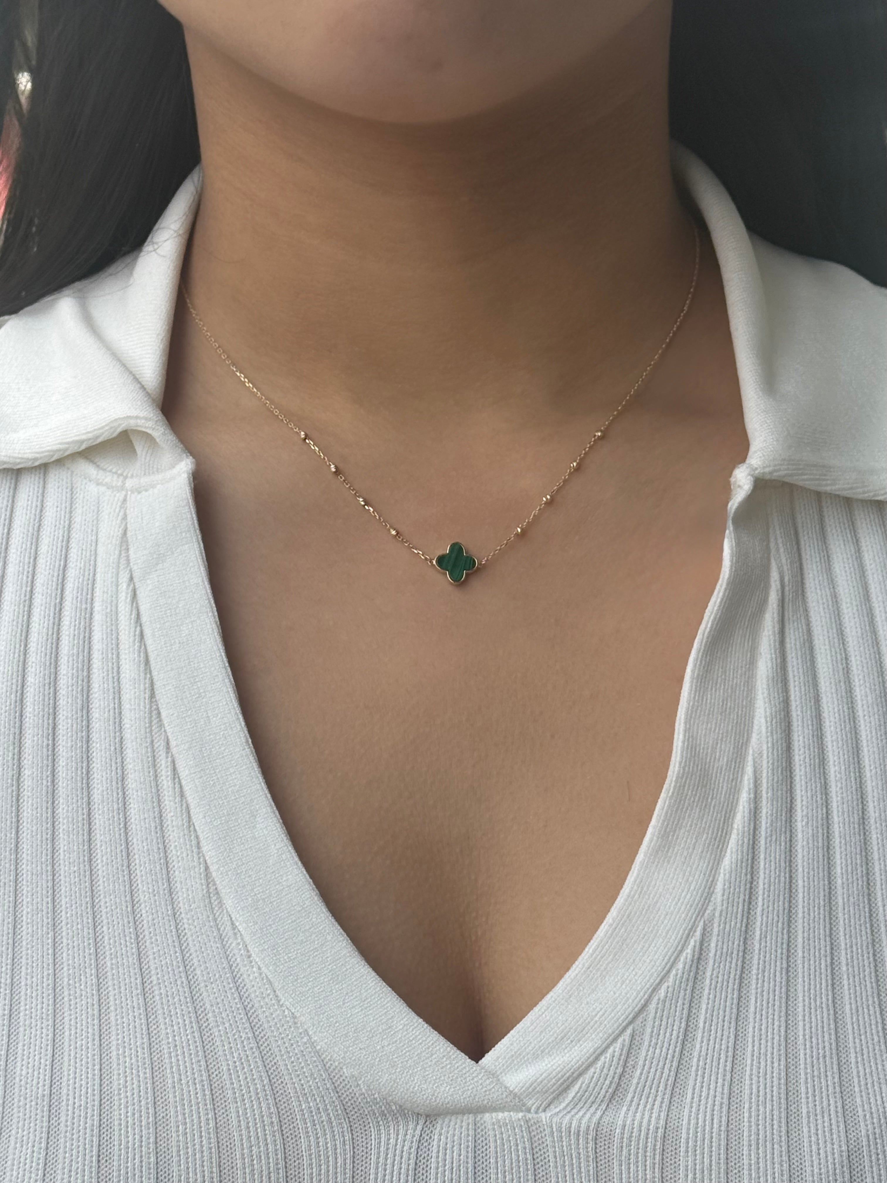 9ct Yellow Gold Malachite Clover Ball Necklace
