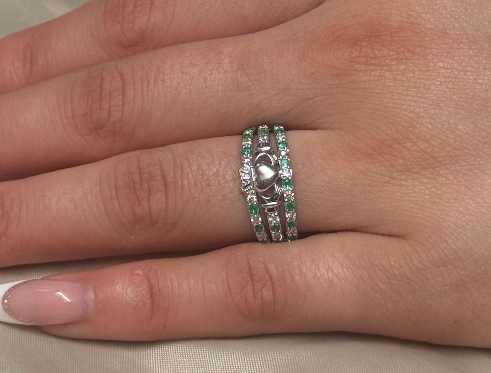 14K White Gold Emerald and Diamond Triple Band Claddagh Ring