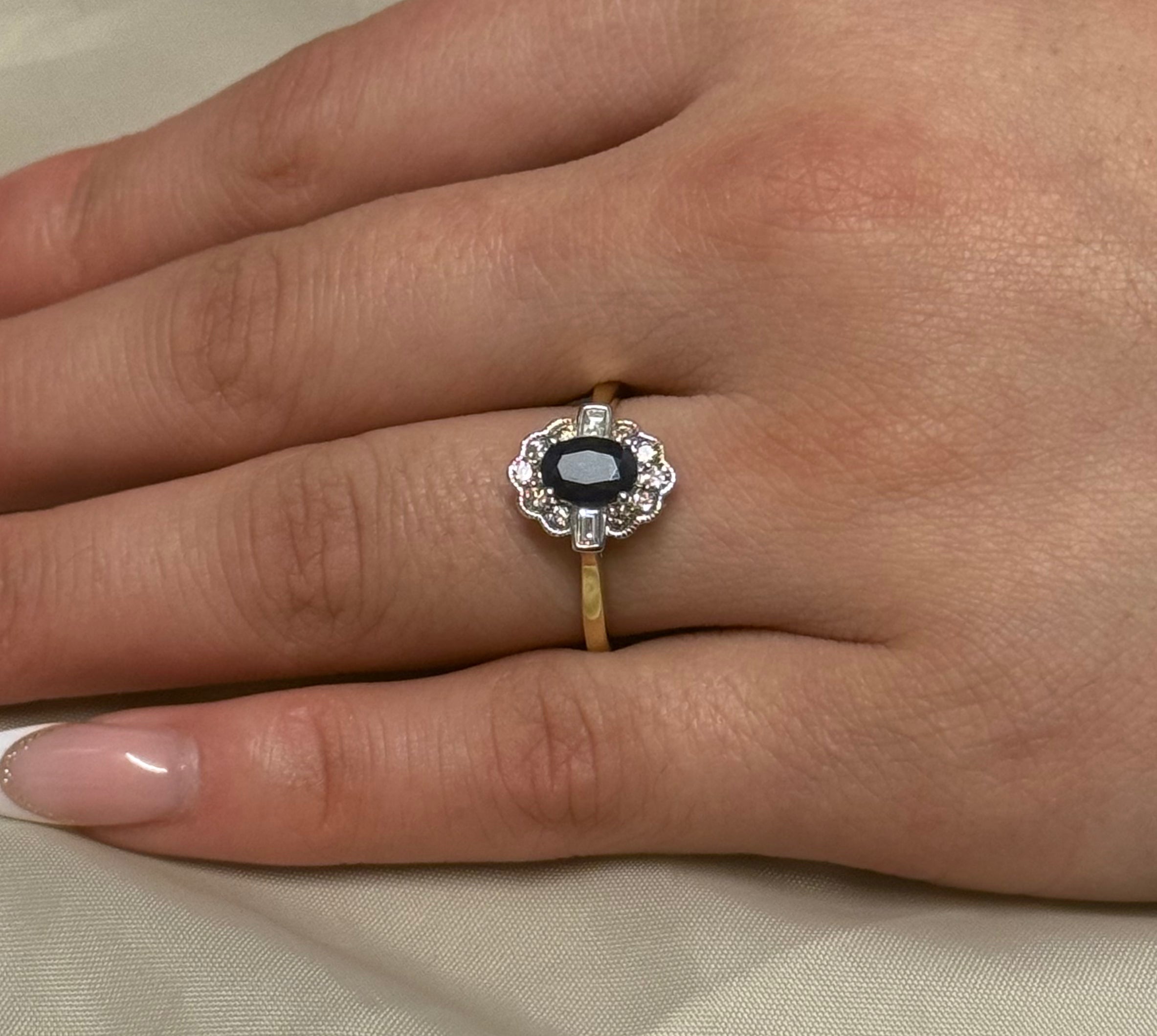 9ct Yellow Gold Oval Sapphire and Diamond Cluster with Baguette side stones