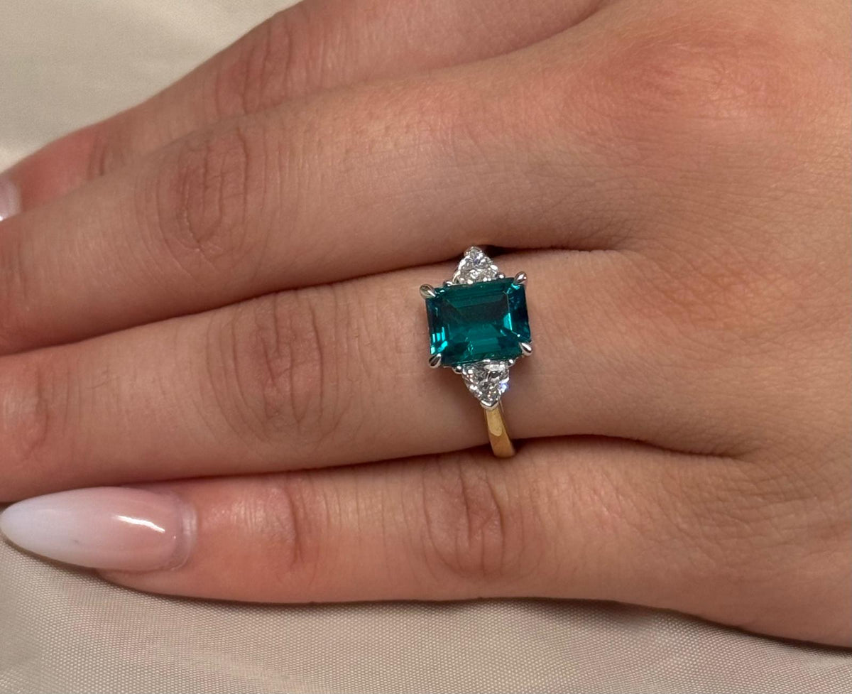 9ct Yellow Gold Lab-Grown Emerald Cut Emerald with Trillion Diamond Shoulders