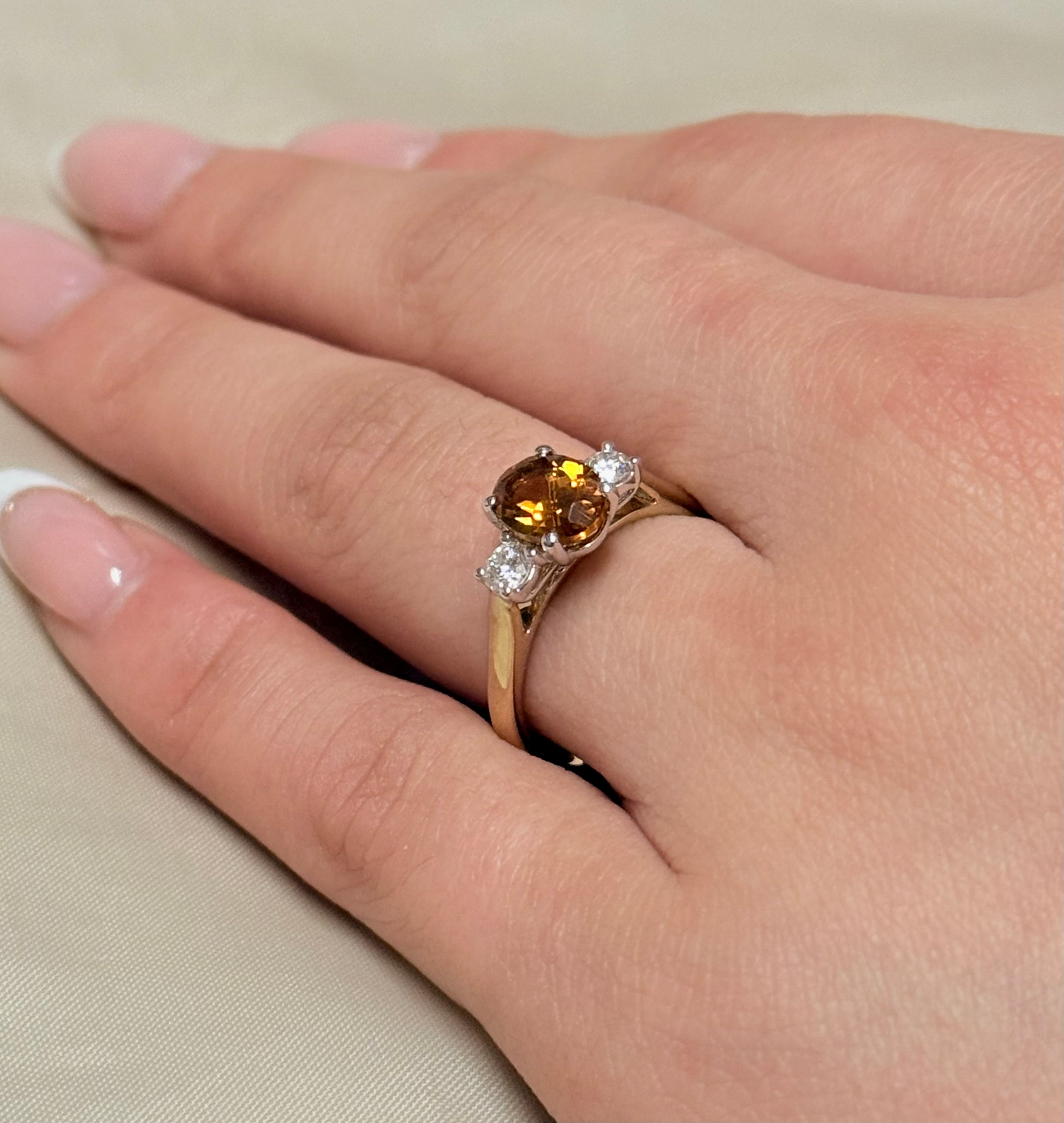 9K Yellow Gold Citrine and Diamond Three Stone Ring