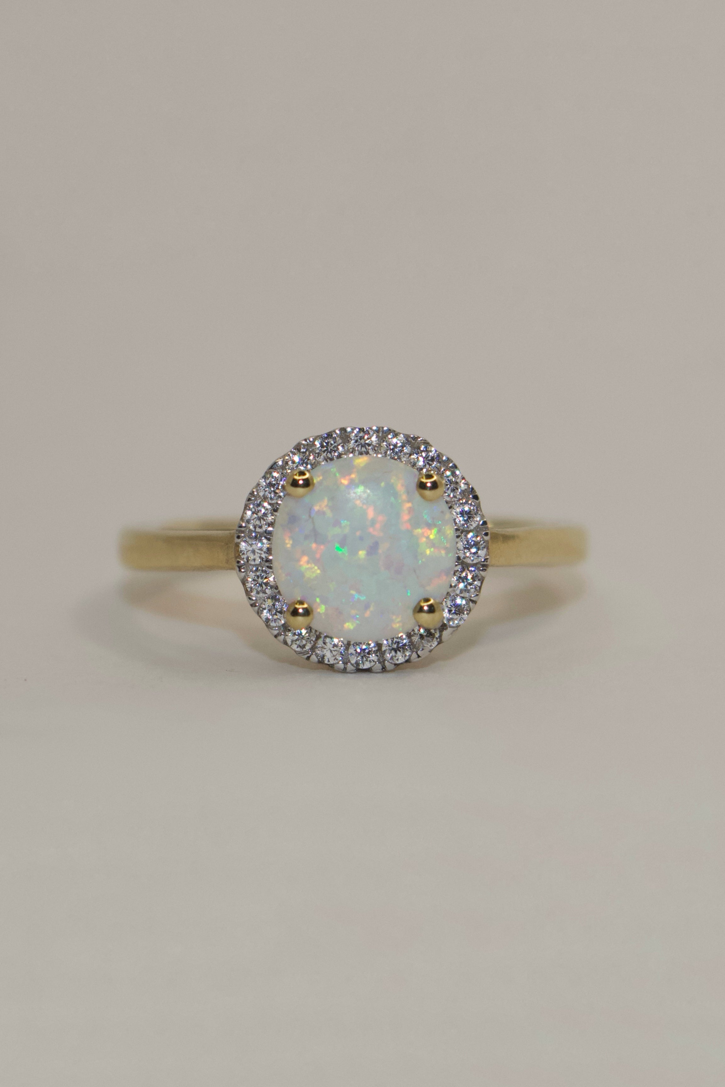 9K Yellow Gold Round Opal with CZ Halo Ring