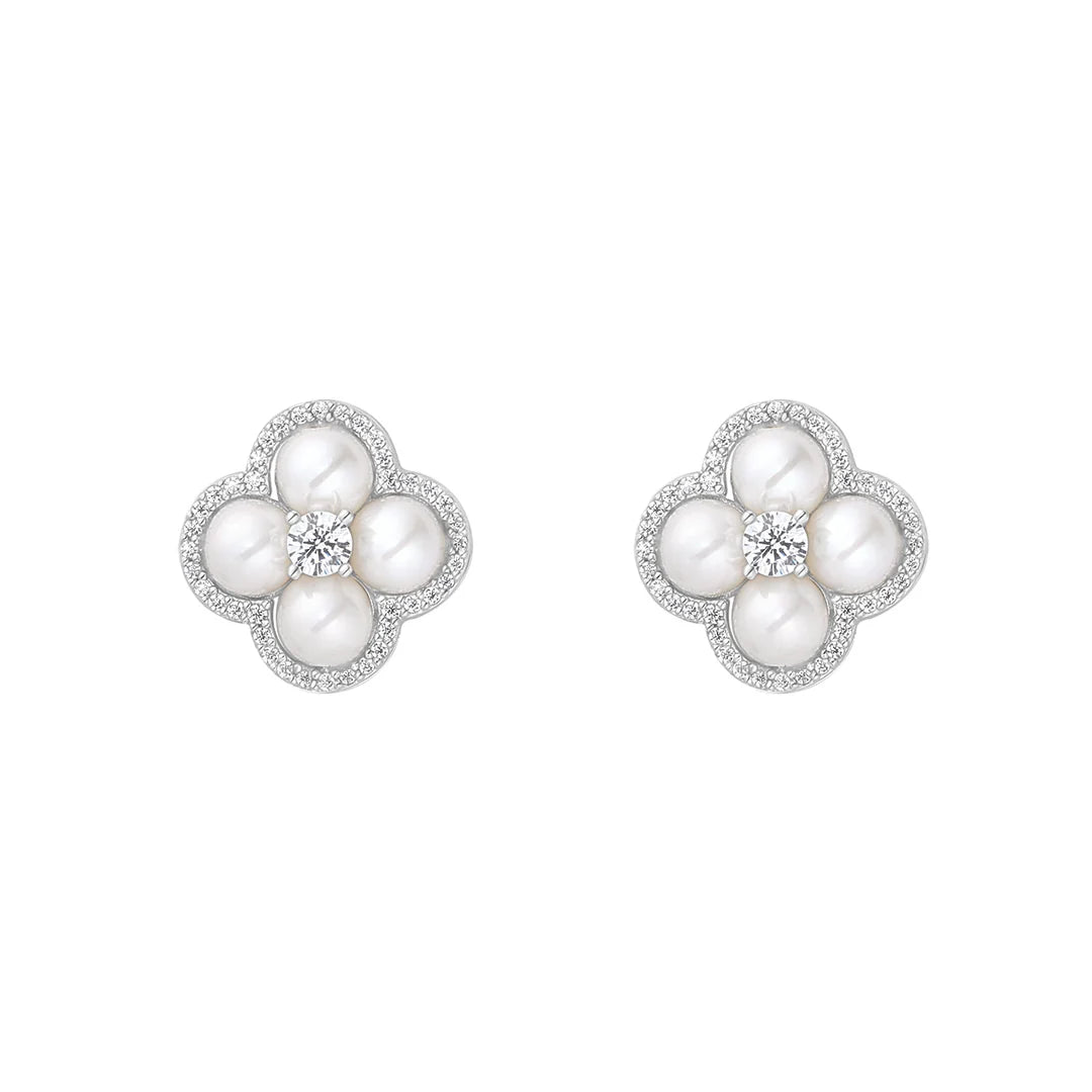 Sterling Silver Clover Style Pearl and Cz Stud Earrings