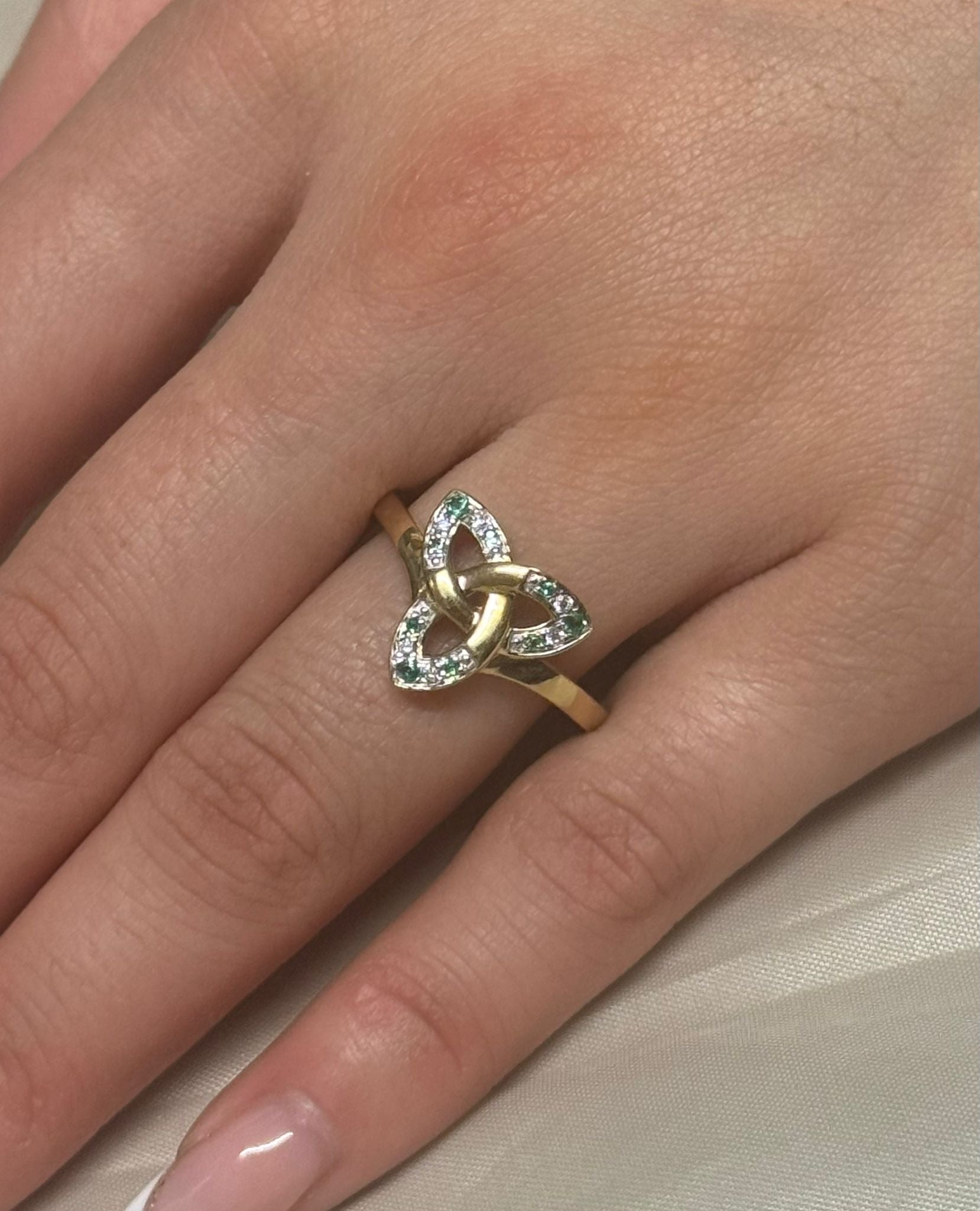 9K Yellow Gold Emerald and Diamond Trinity Ring