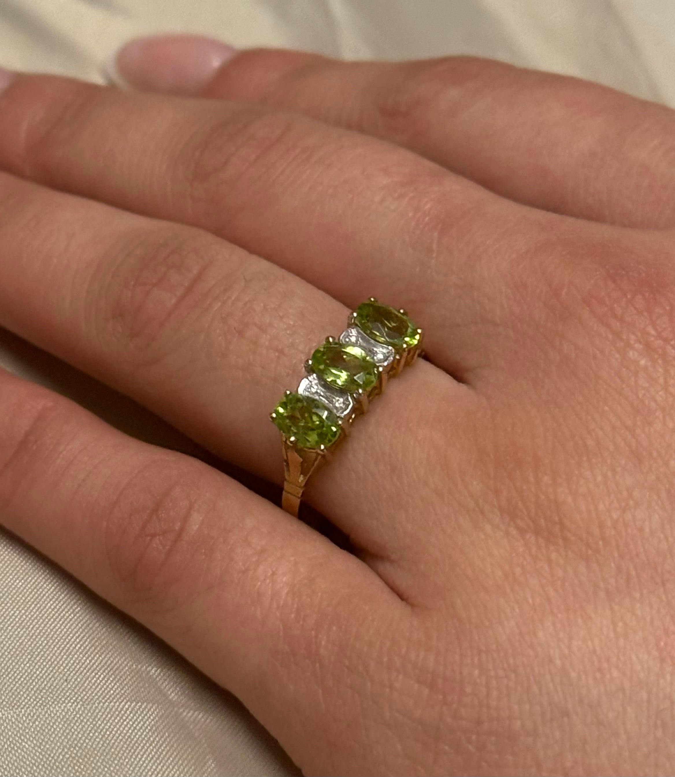 9K Yellow Gold Three Stone Peridot with Diamond Accents