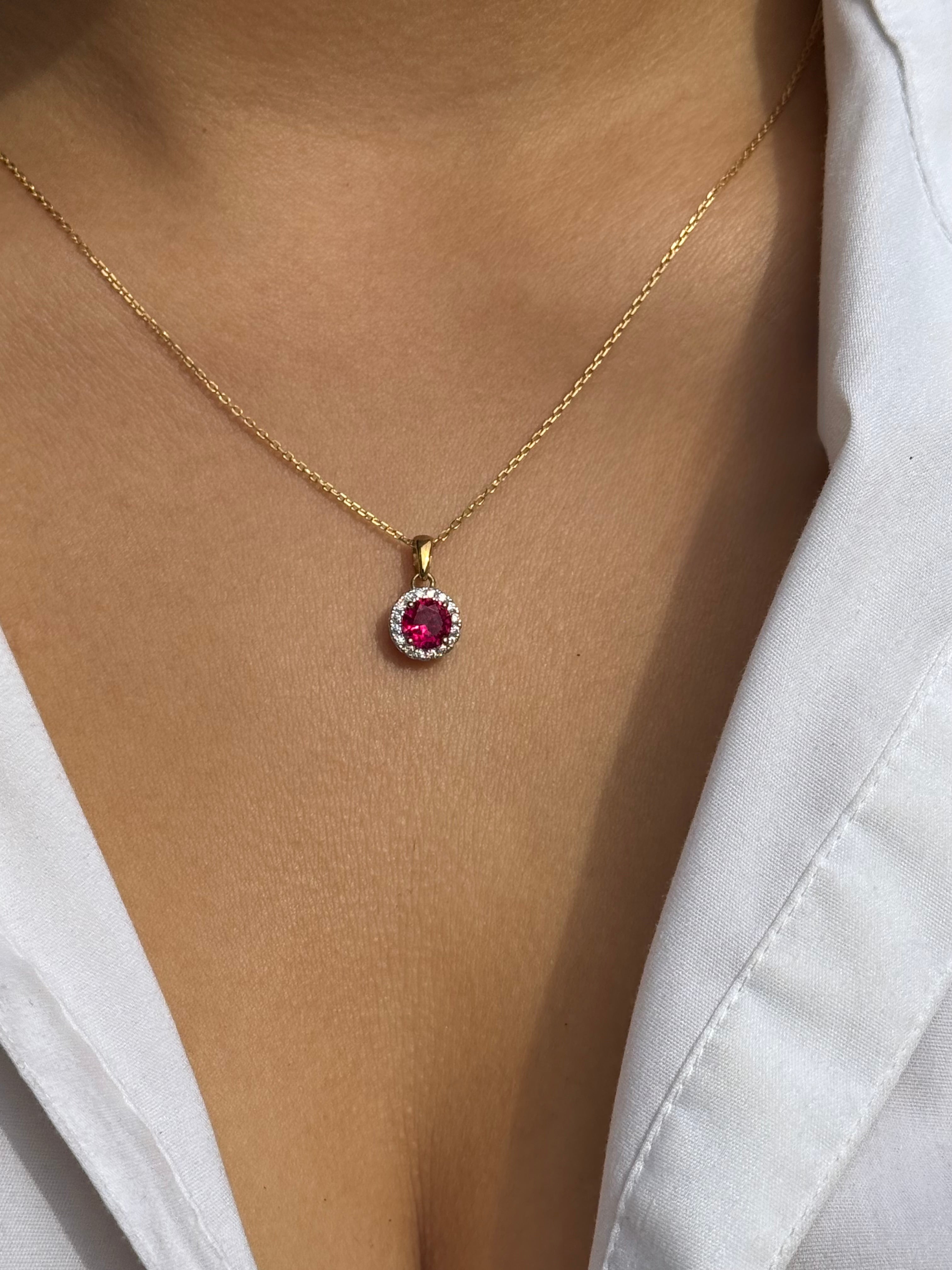 9ct Yellow Gold Red Stone Round CZ Halo Pendant