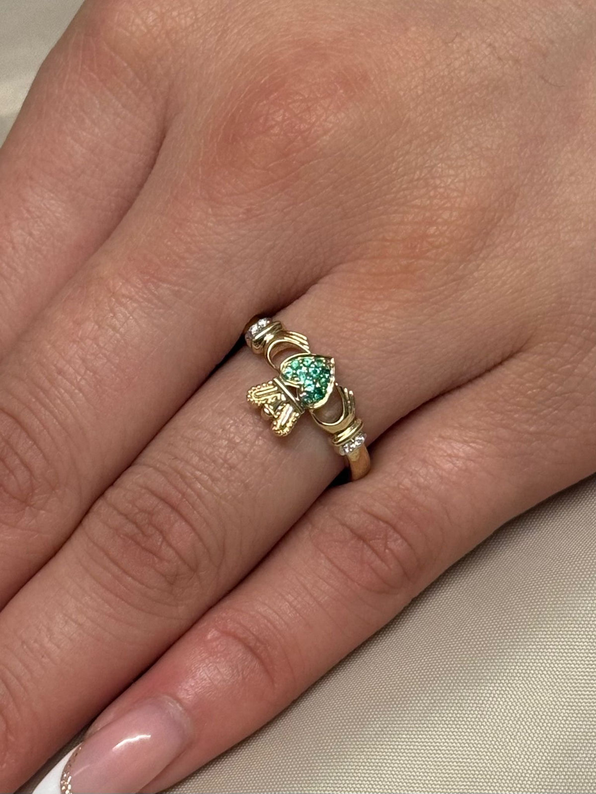 9K Yellow Gold Emerald and Diamond Claddagh Ring